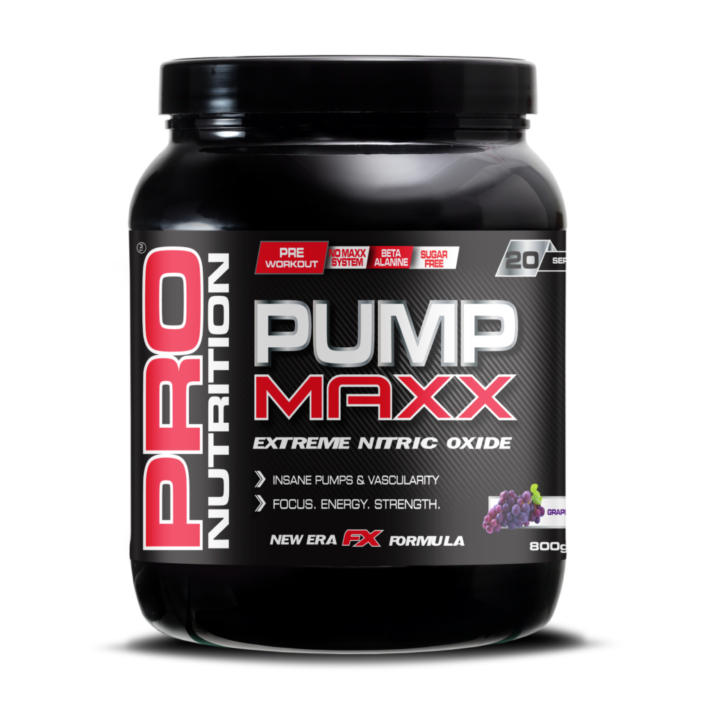 Black supplement container labeled 'Pump Maxx' by Pro Nutrition on a white background Muscle Mecca
