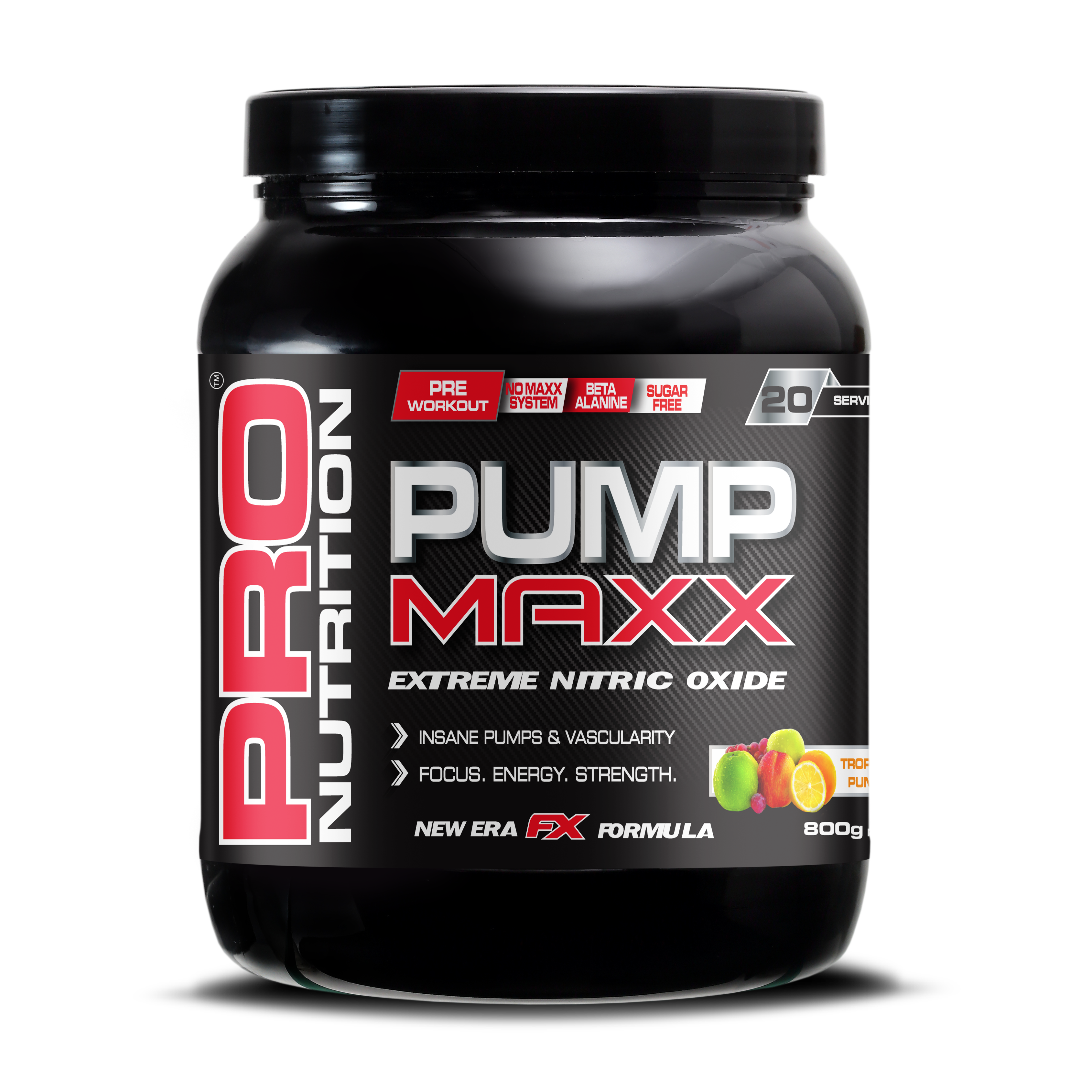 Black supplement container labeled 'Pump Maxx' by Pro Nutrition on a white background Muscle Mecca