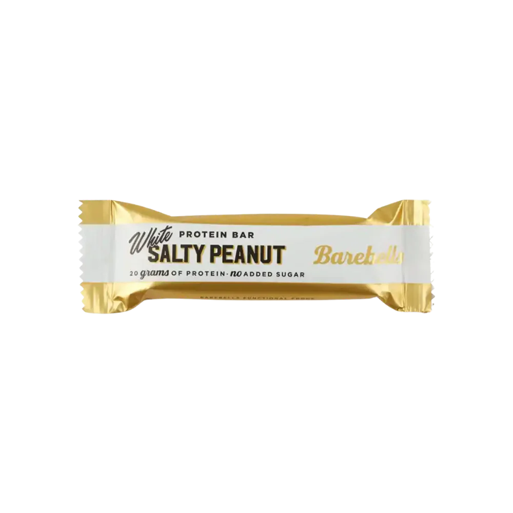 Barebells White Salty Peanut protein bar on a white background Muscle Mecca