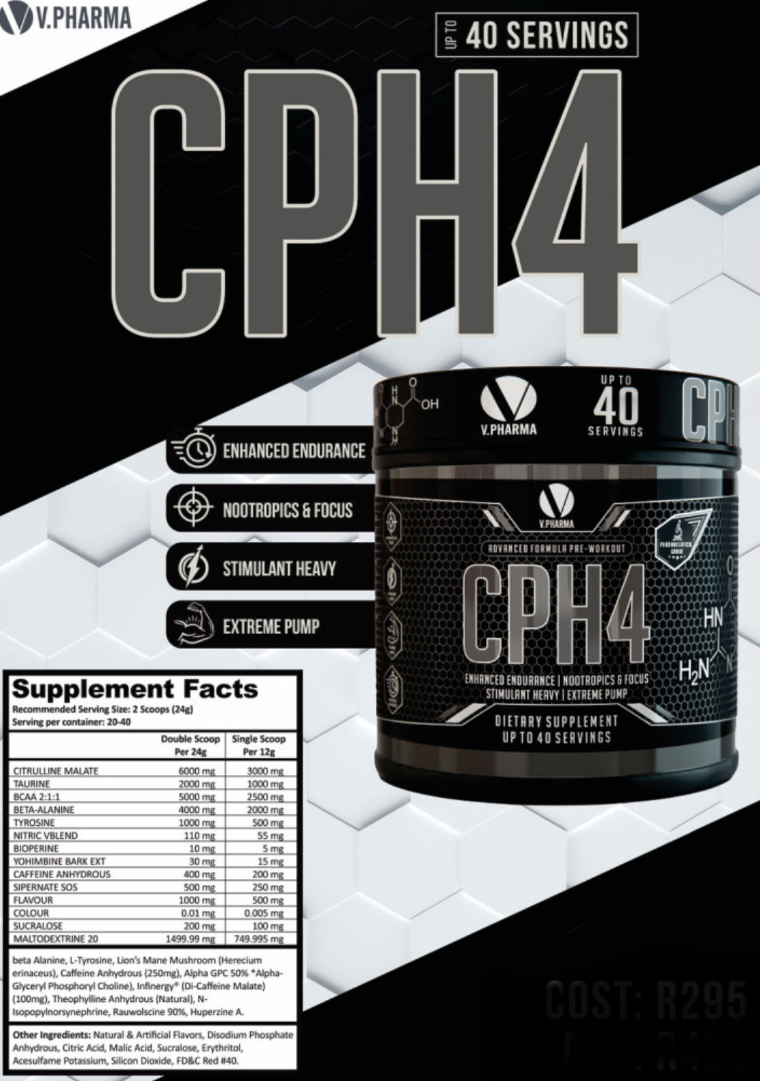 V.Pharma CPH4 supplement container with label and supplement facts on a white background Muscle Mecca