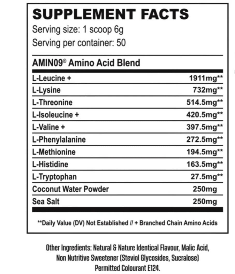 Supplement facts label for Amin09 Amino Acid Blend with serving size and container details.