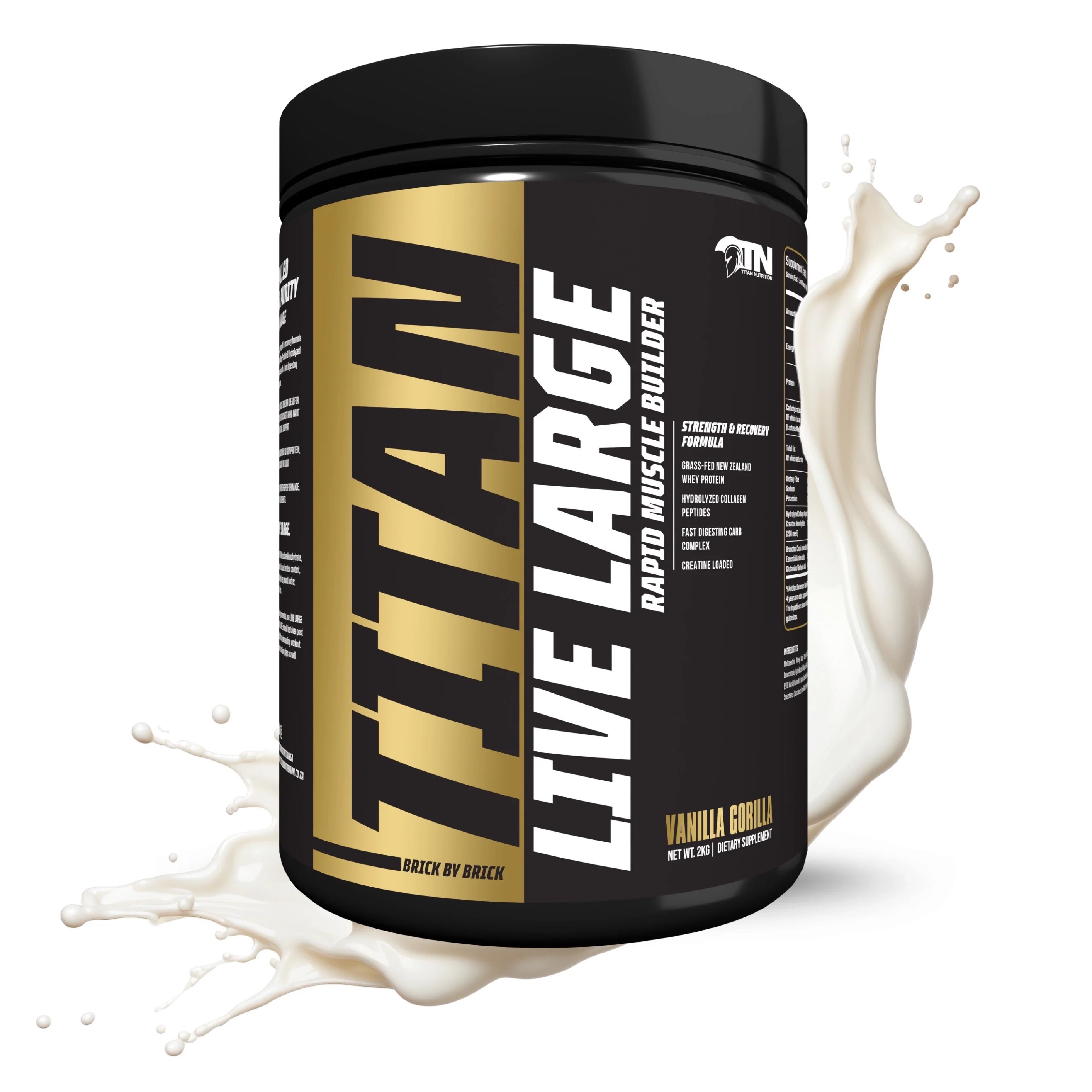 Titan Live Large supplement container with milk splash on a white background Muscle Mecca