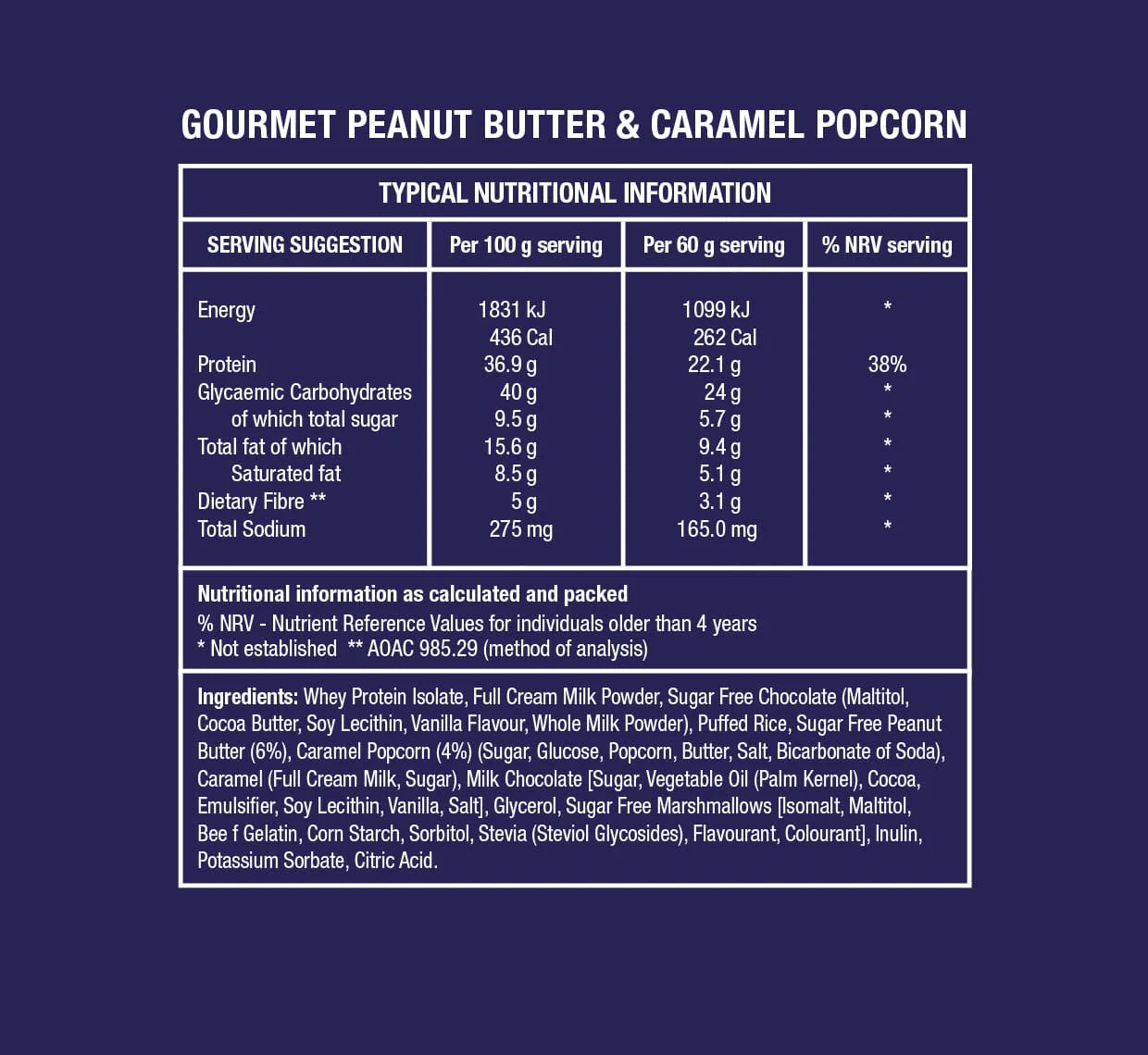 Nutritional information label for gourmet peanut butter & caramel popcorn on a dark blue background Muscle Mecca