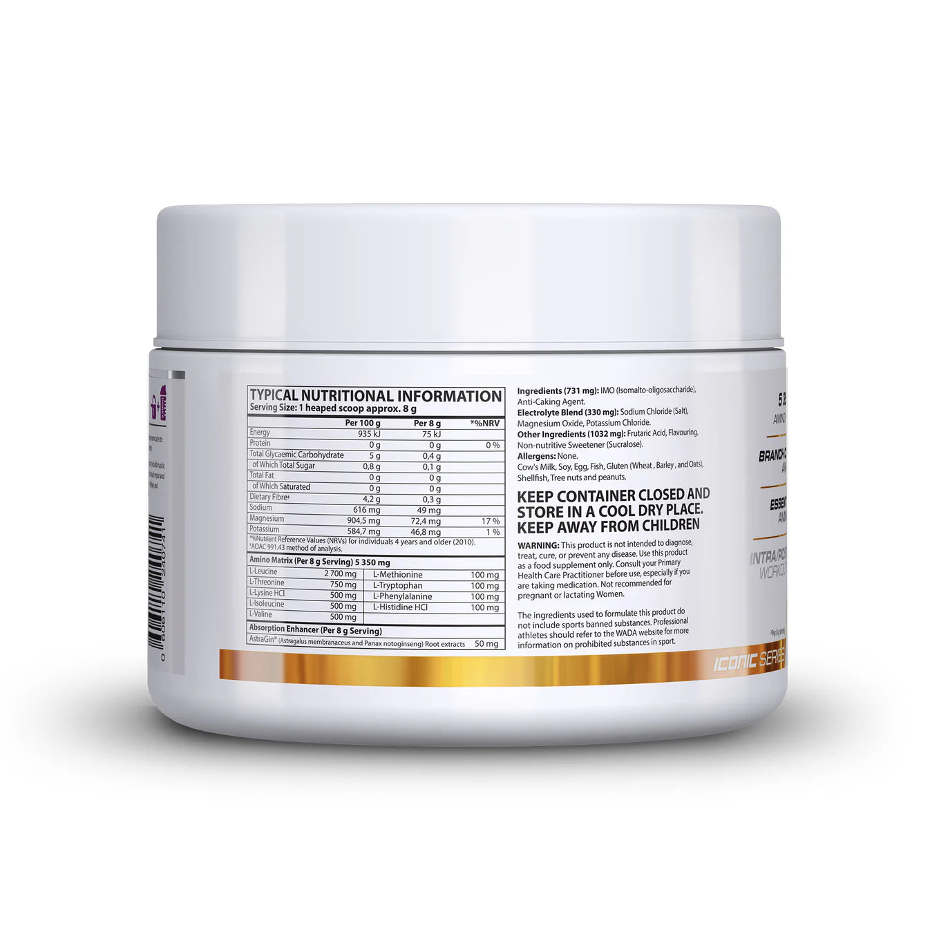 Nutritional information label on a supplement container with a white background Muscle Mecca