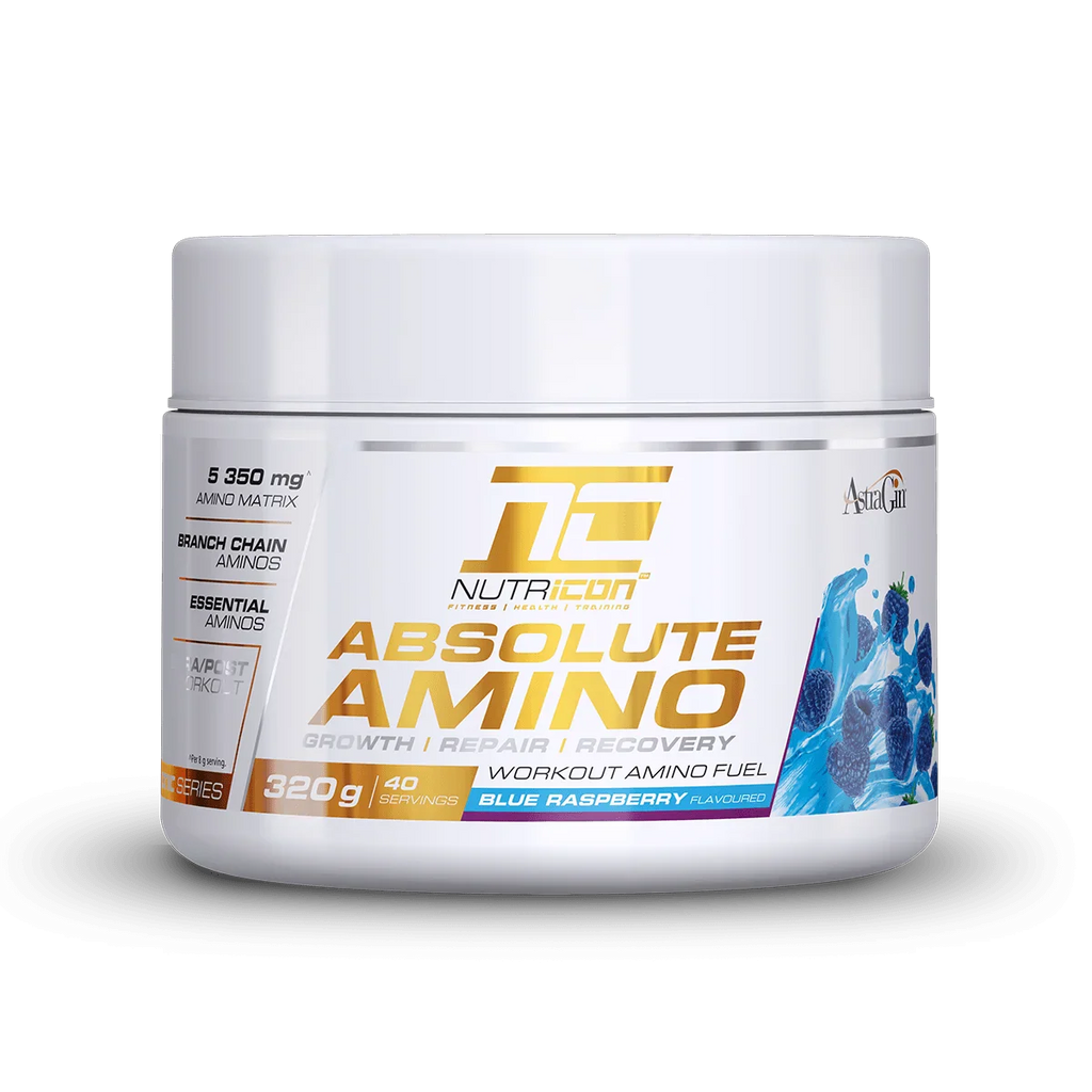 NutraIcon Absolute Amino supplement container on a white background Muscle Mecca