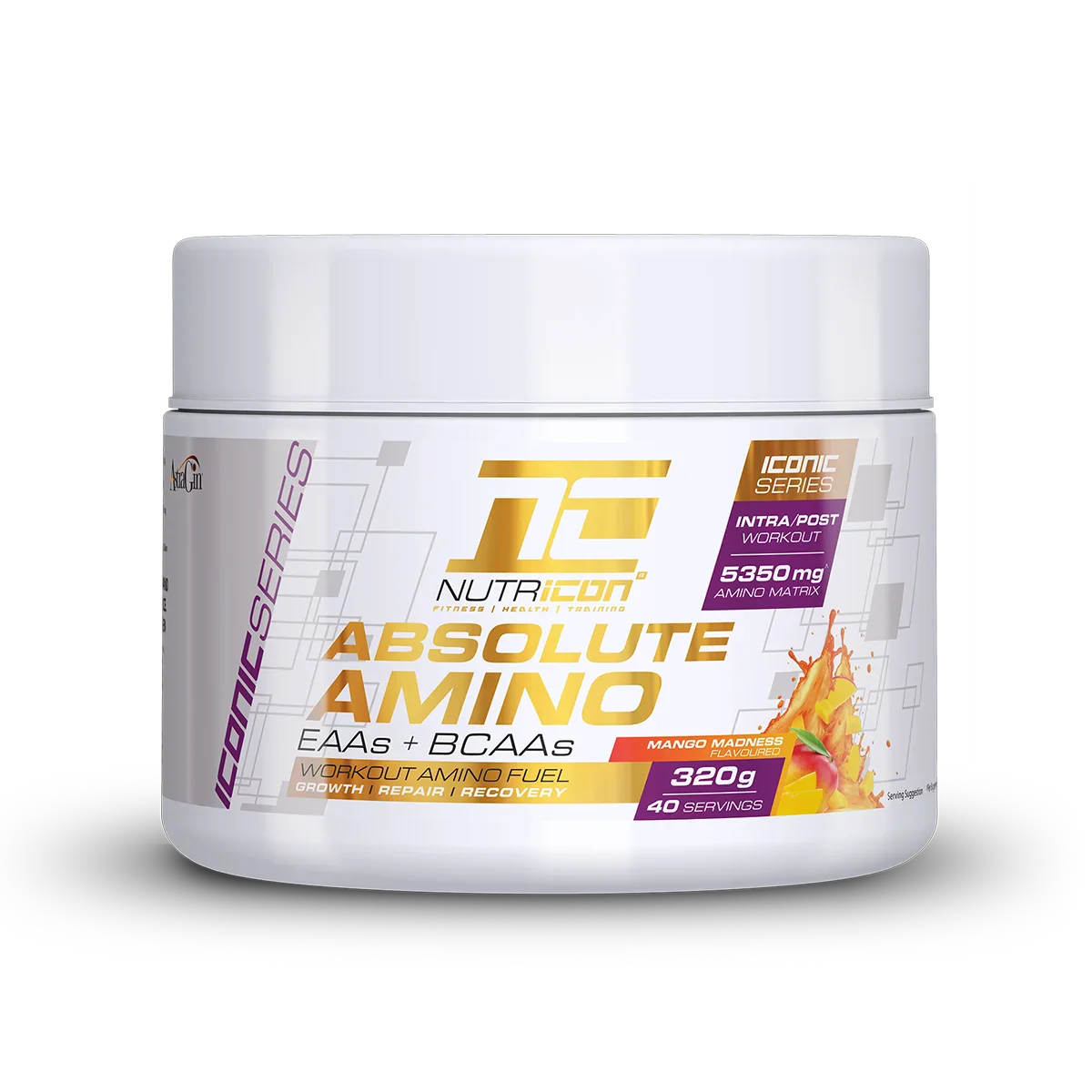 Nutricon Absolute Amino supplement container on a white background Muscle Mecca