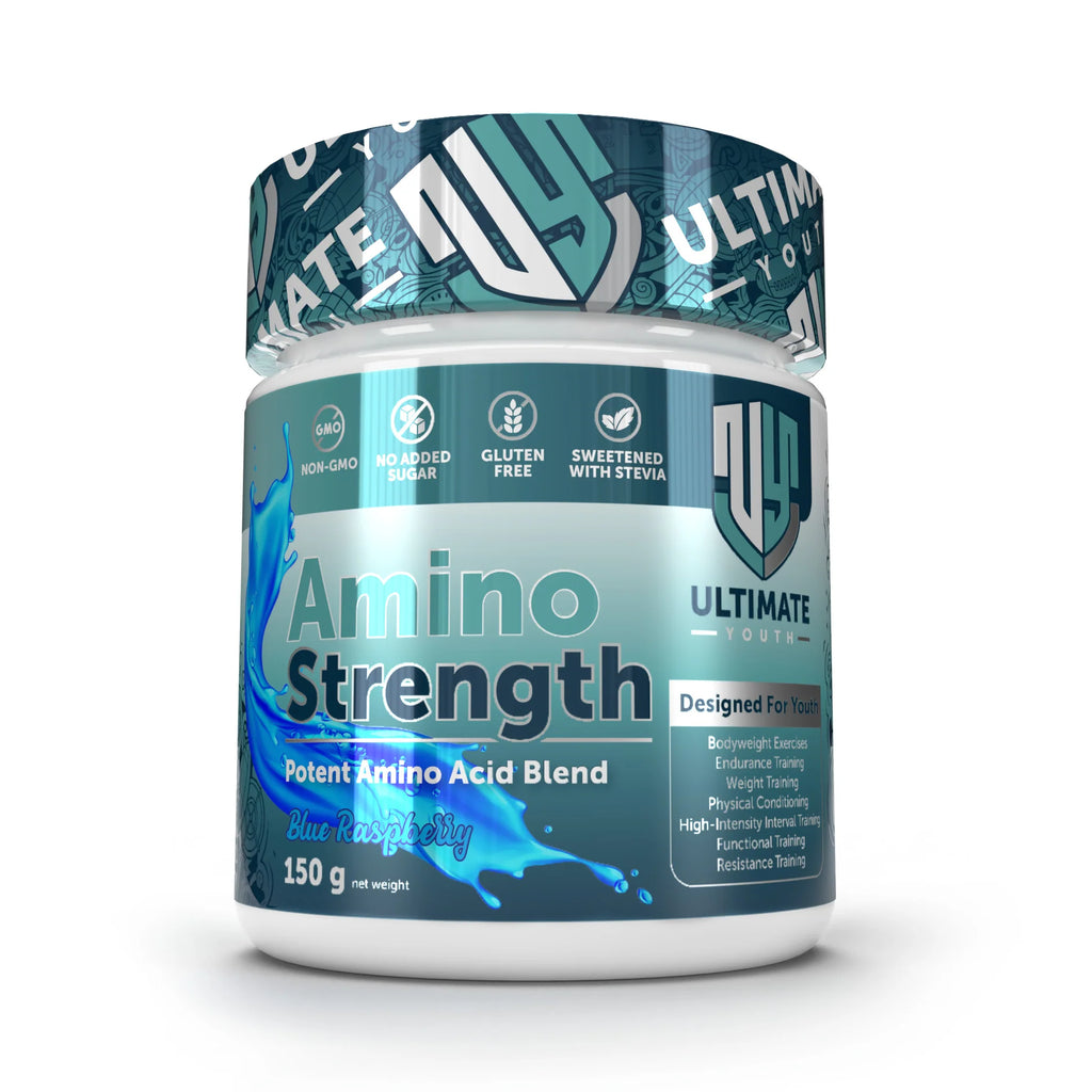 Amino Strength supplement container with blue and white design on a white background