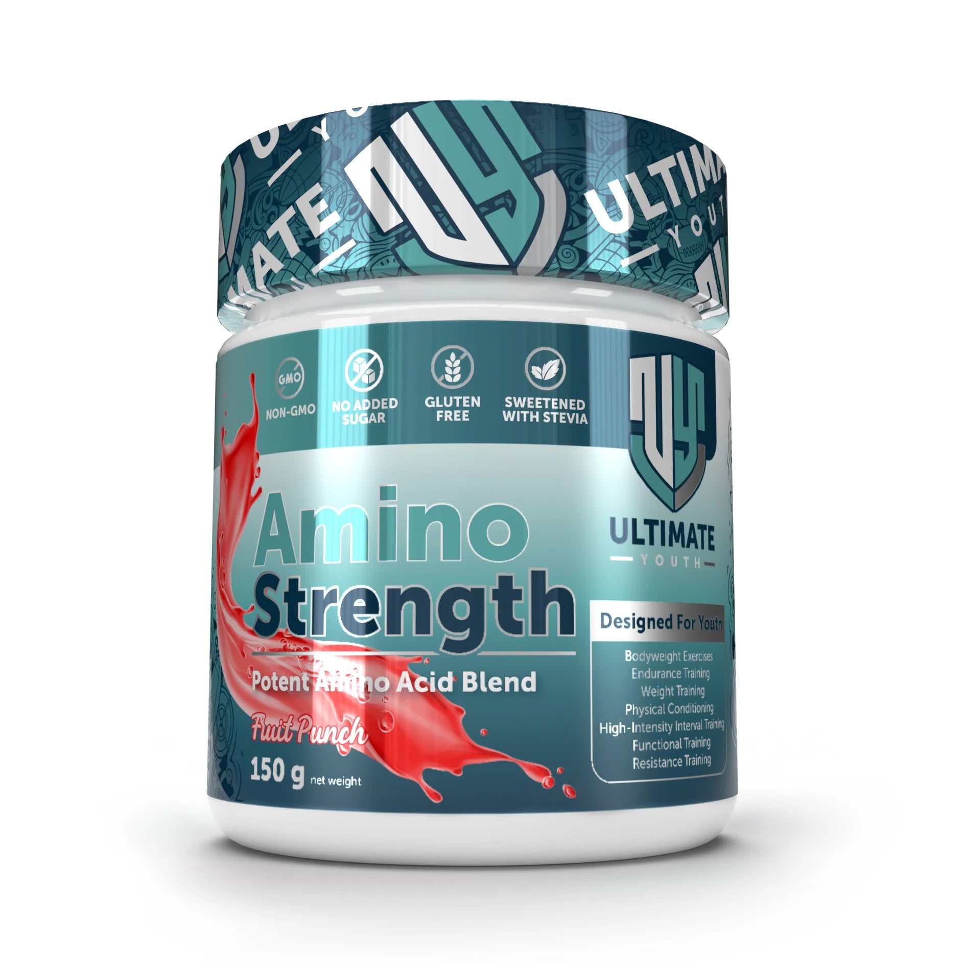 Amino Strength supplement container with blue and white design on a white background