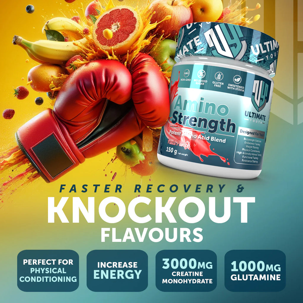 Amino Strength supplement container with boxing gloves and fruits on a colorful background