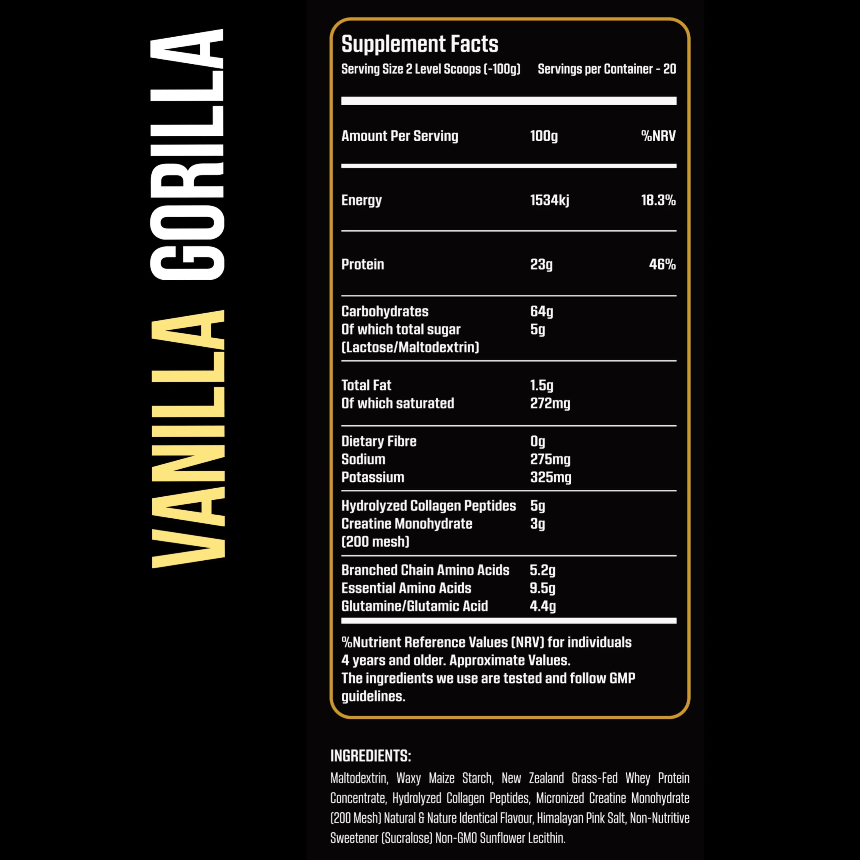 Supplement facts label for Vanilla Gorilla protein product on a black background