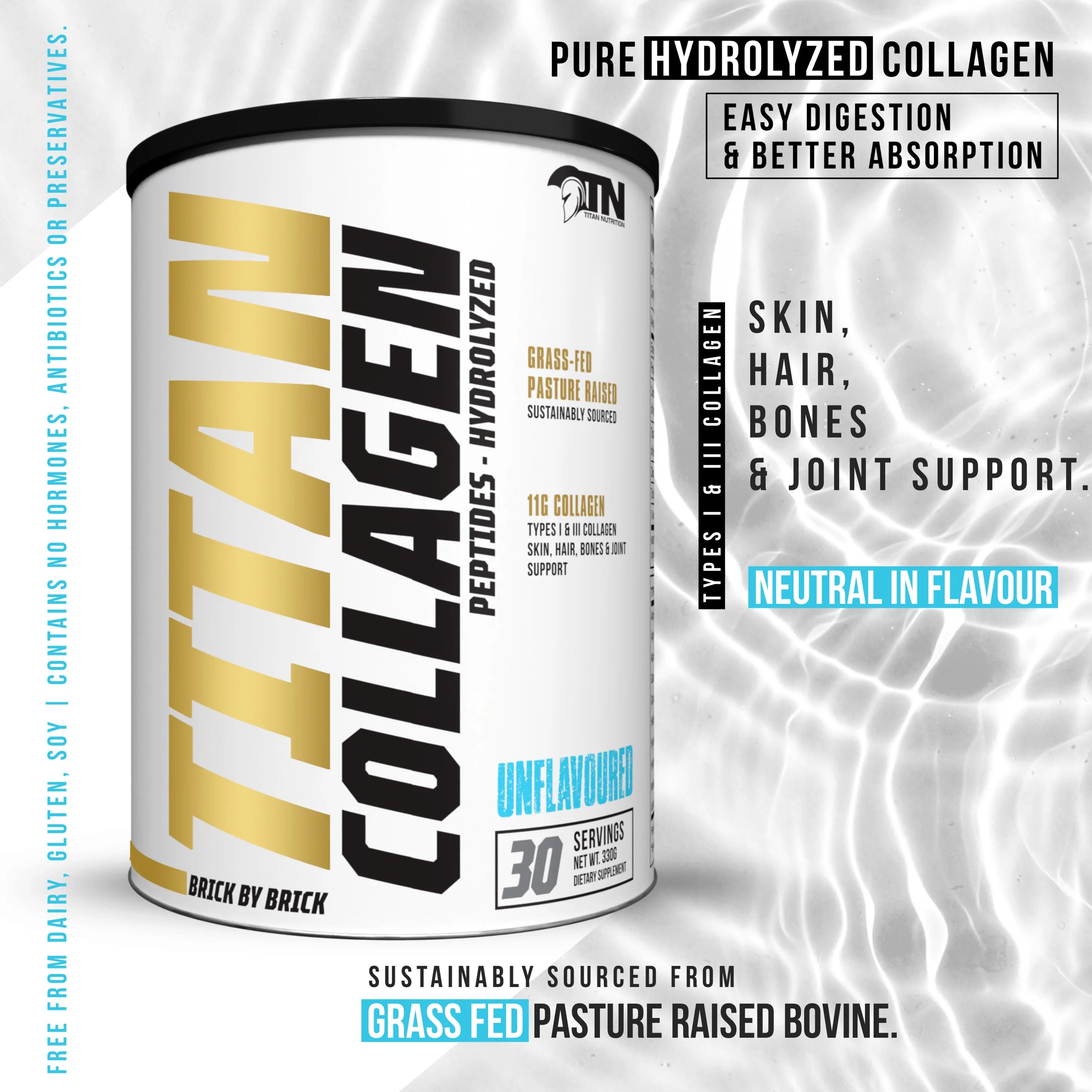 Titan Collagen supplement container with branding and product details on a white background Muscle Mecca