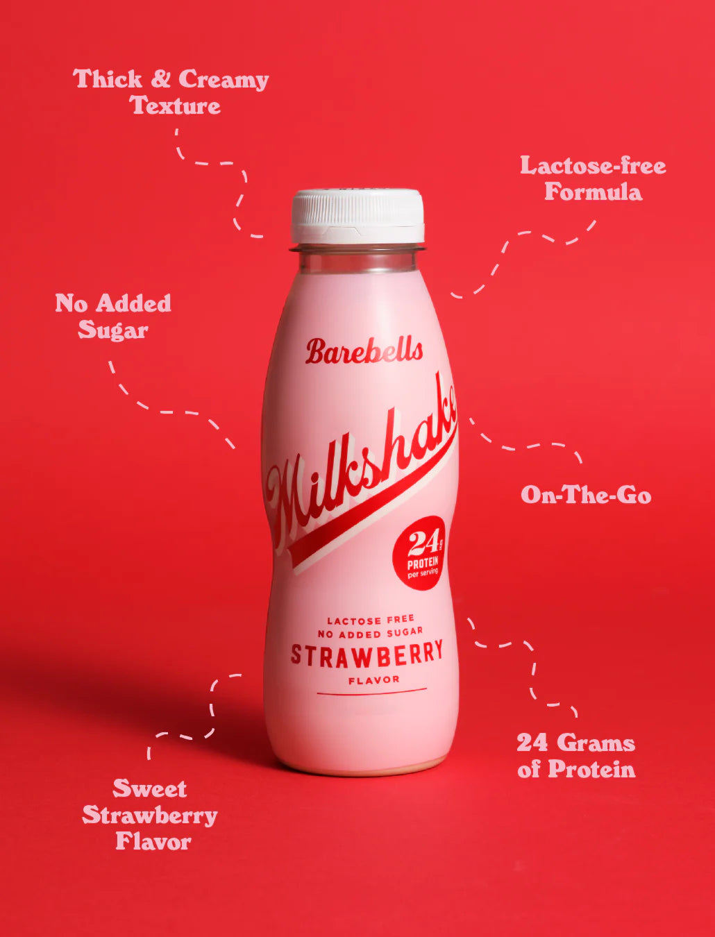 Barebells Strawberry Milkshake bottle on a red background with text highlighting features. Muscle Mecca