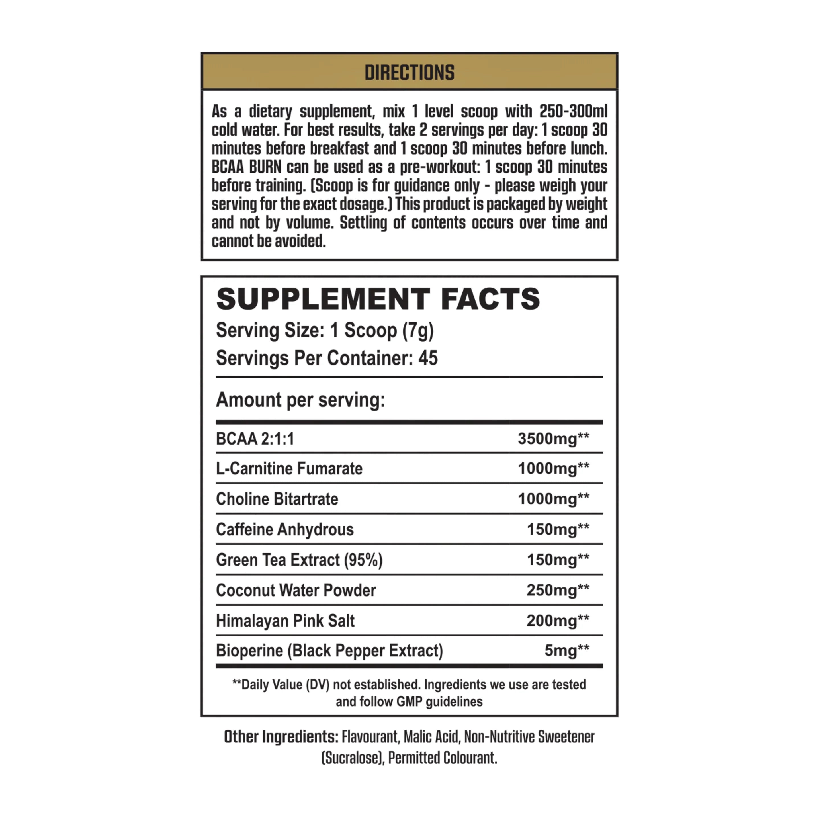 Supplement label with directions and supplement facts on a white background Muscle Mecca