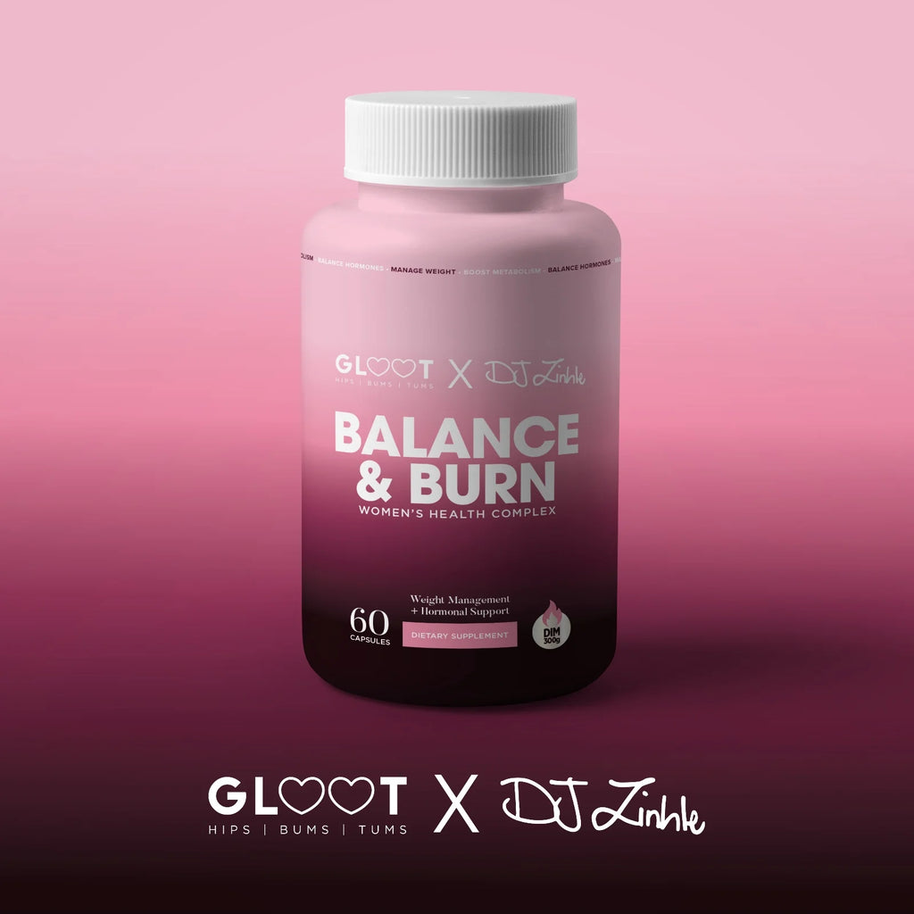 Pink supplement bottle labeled 'Balance & Burn' on a pink background