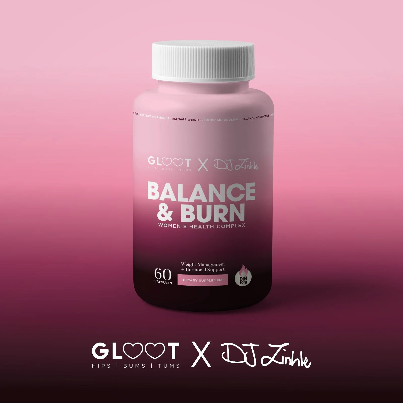 Pink supplement bottle labeled 'Balance & Burn' on a pink background