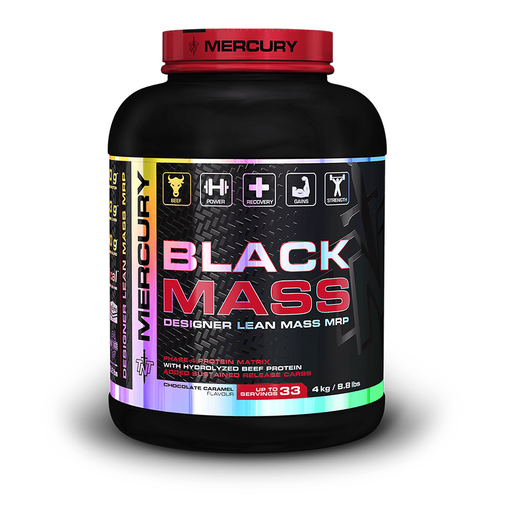Black Mass supplement container with red and white label on a black background Muscle Mecca