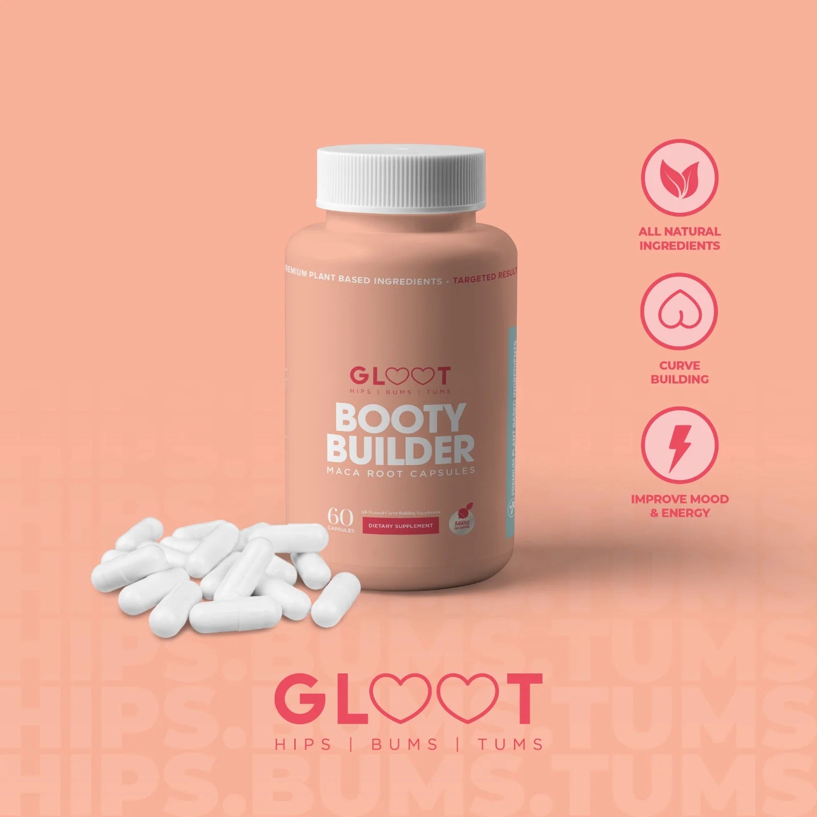Supplement bottle labeled 'Booty Builder' with white capsules on a peach background, featuring the brand 'GLOOT'.