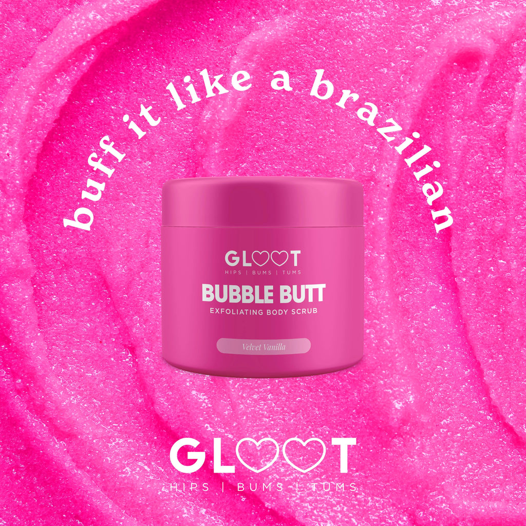 Pink jar of 'Bubble Butt' body scrub with 'GLOOT' branding on a pink foam background. Muscle Mecca