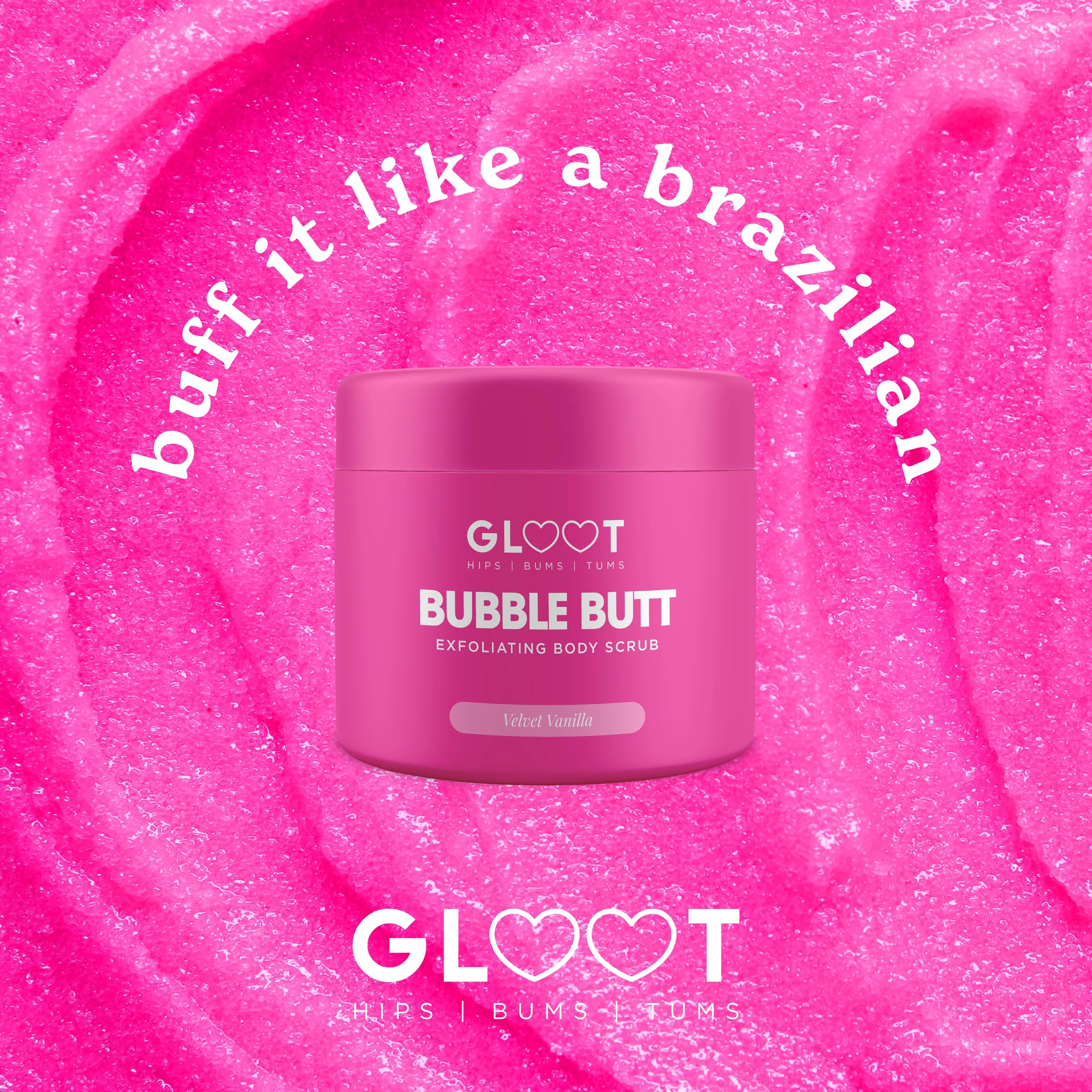 Pink jar of 'Bubble Butt' body scrub with 'GLOOT' branding on a pink foam background. Muscle Mecca