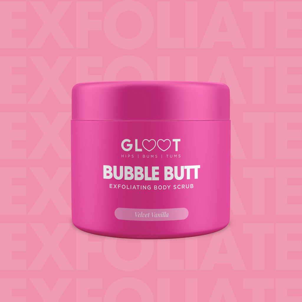 Pink jar of 'Bubble Butt' exfoliating body scrub with 'GLOOT' branding on a pink background. Muscle Mecca