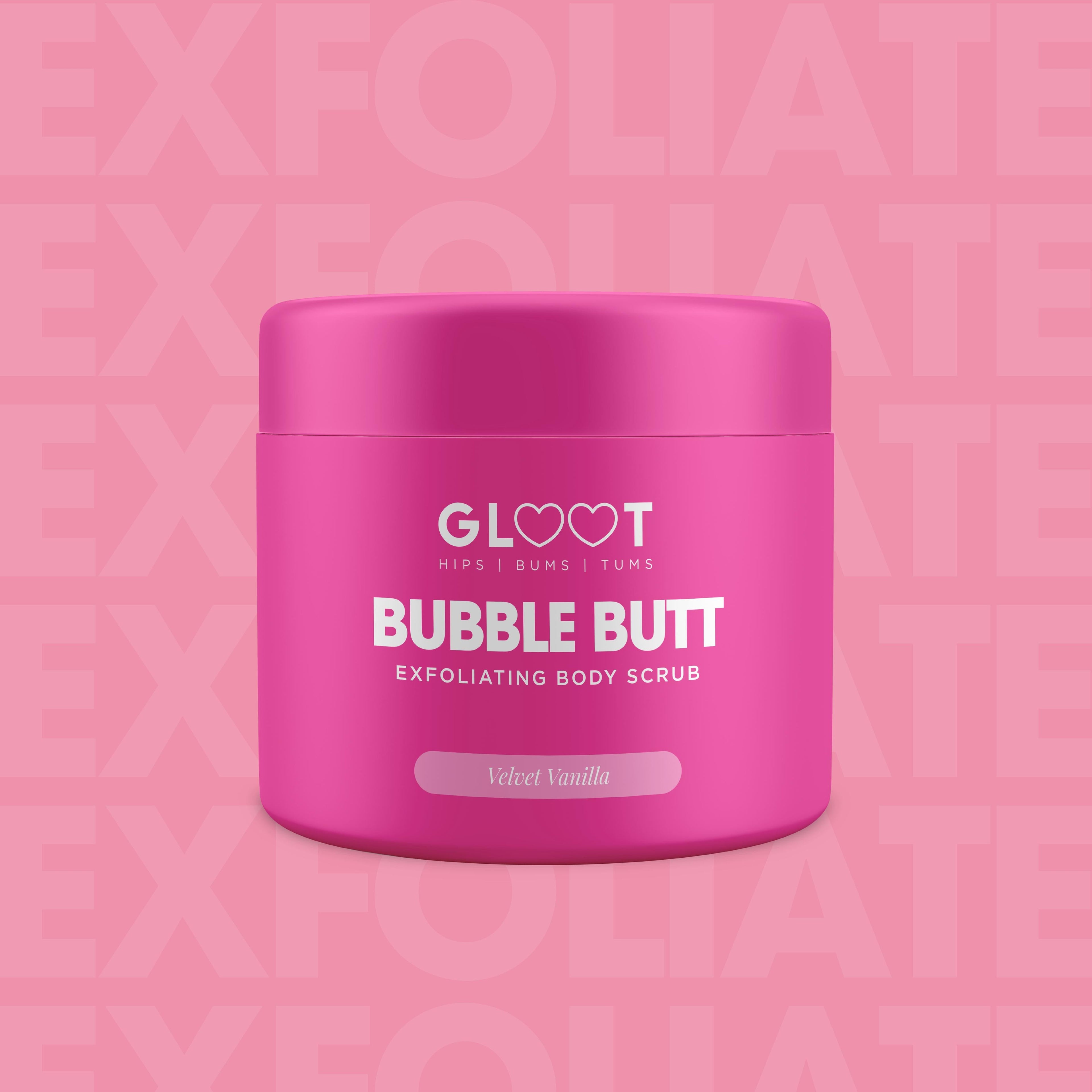 Pink jar of 'Bubble Butt' exfoliating body scrub with 'GLOOT' branding on a pink background. Muscle Mecca