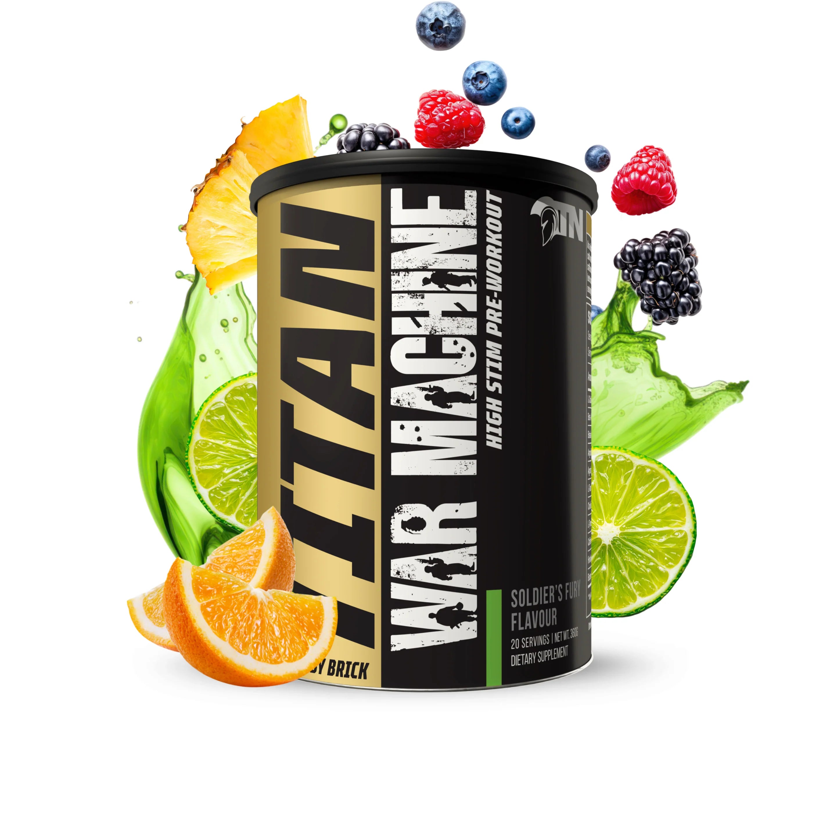 War Machine supplement container with fruits on a white background Muscle Mecca
