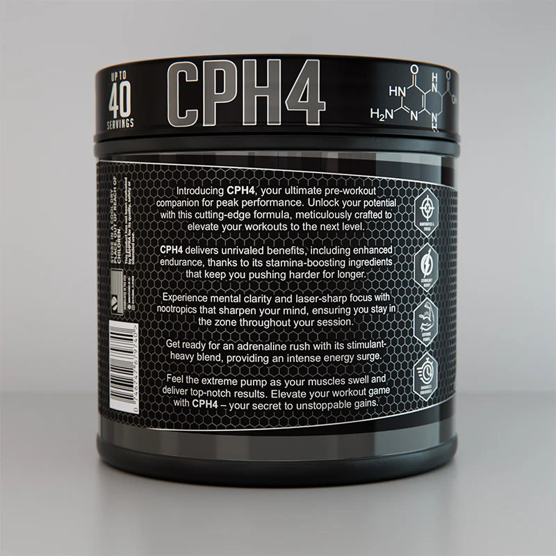Black supplement container labeled 'CPH4' on a gray background Muscle Mecca