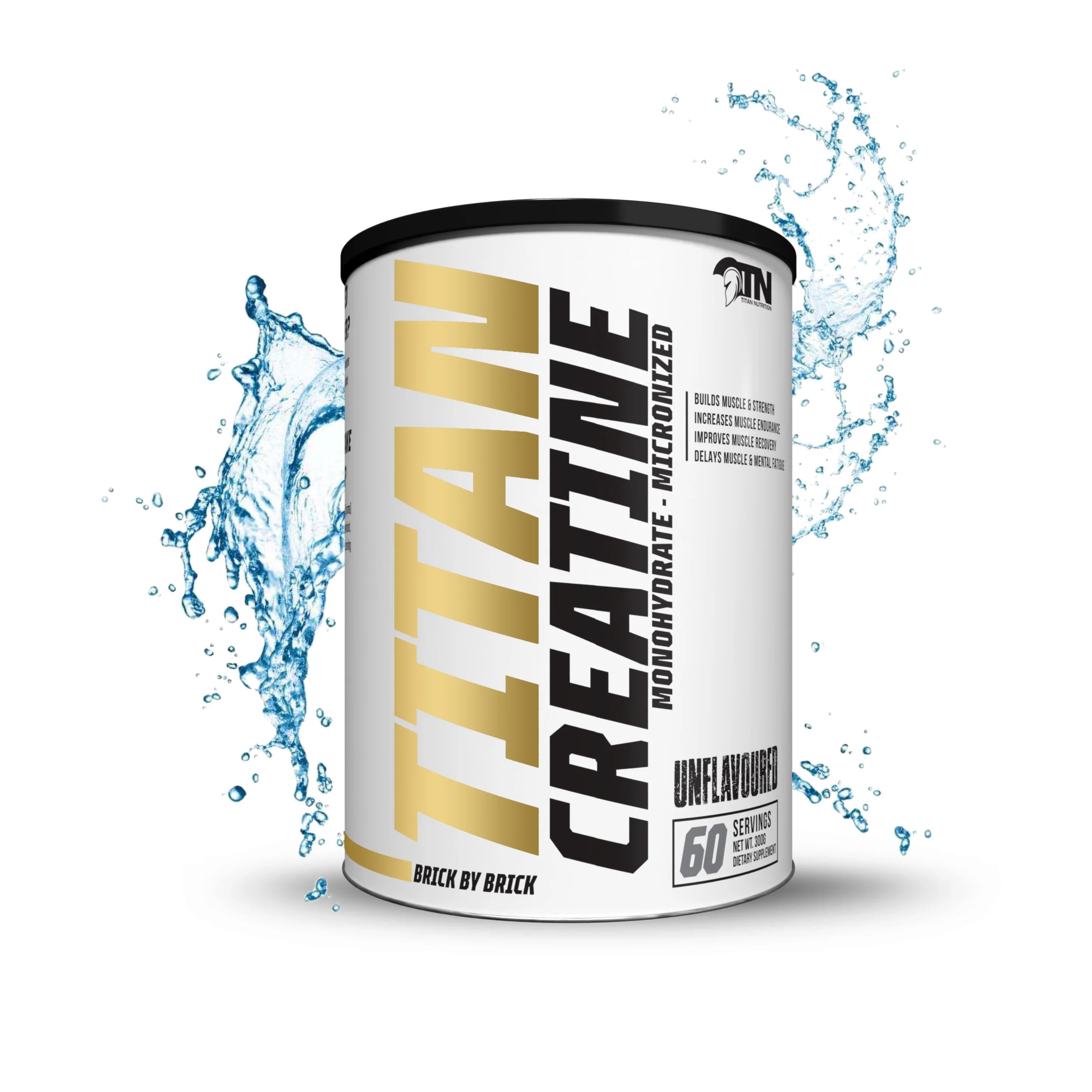 Titan Creatine supplement container with water splash on a white background Muscle Mecca