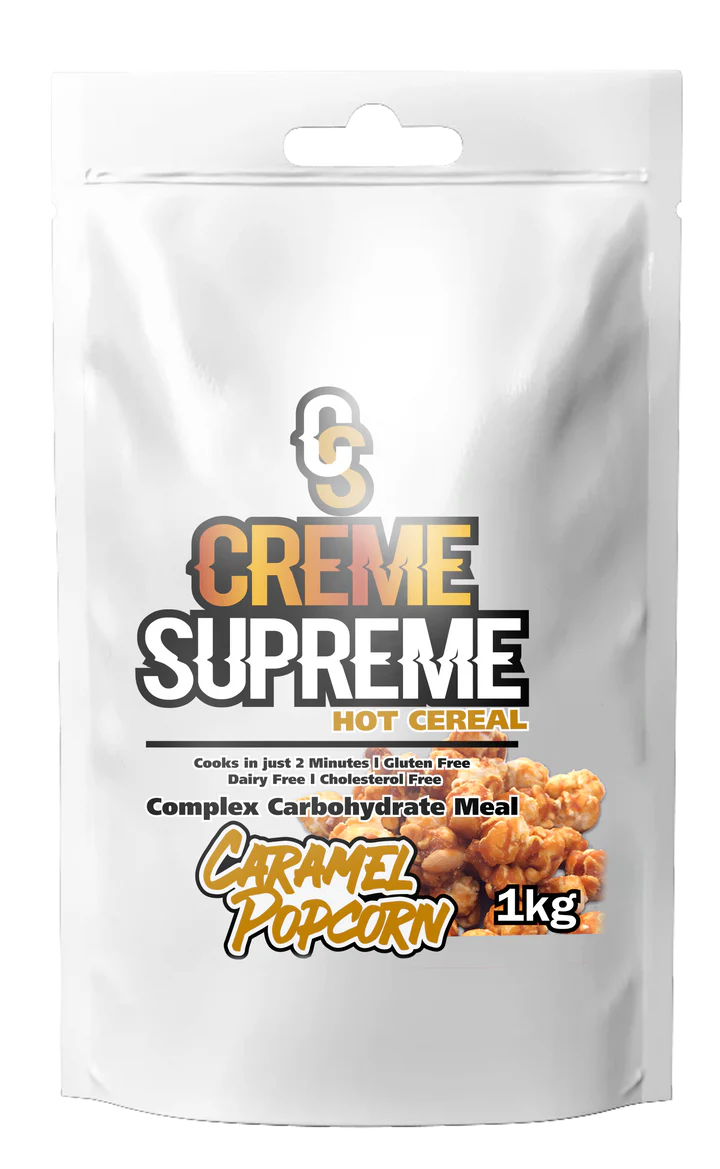 Creme Supreme Hot Cereal package with caramel popcorn flavor on a white background Muscle Mecca