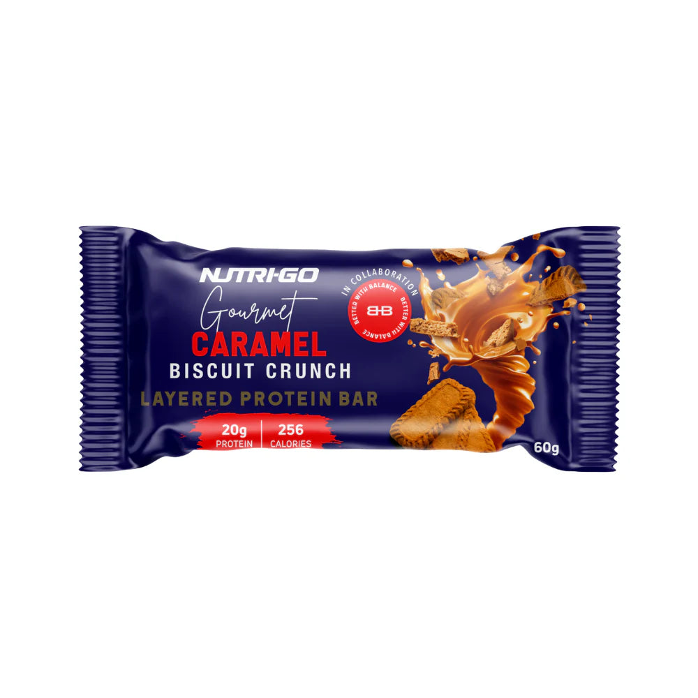 Nutri-Go Caramel Biscuit Crunch protein bar packaging on a white background Muscle Mecca