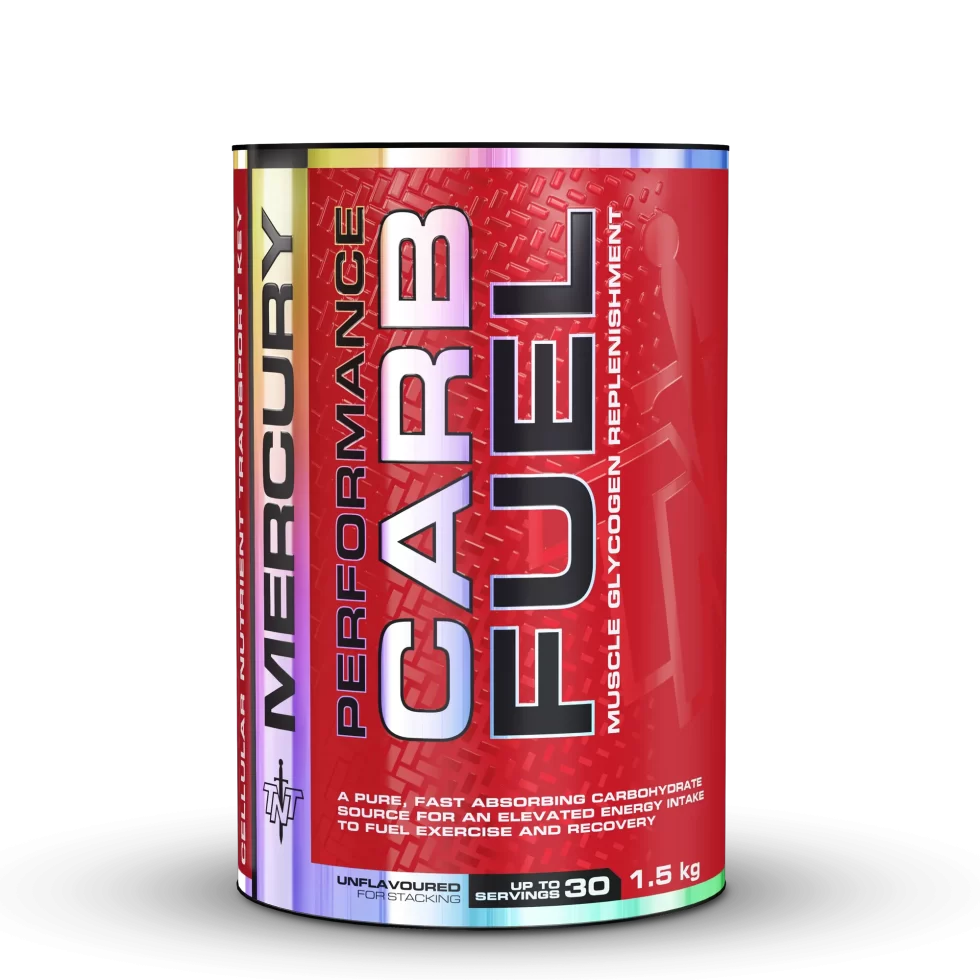 Red supplement container labeled 'Mercury Performance Carb Fuel' on a white background Muscle Mecca