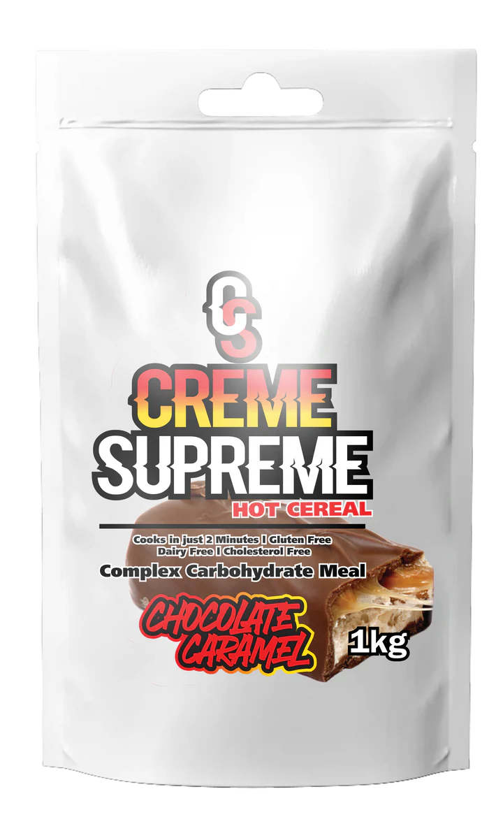 Creme Supreme Hot Cereal package with chocolate caramel flavor on a white background Muscle Mecca 2