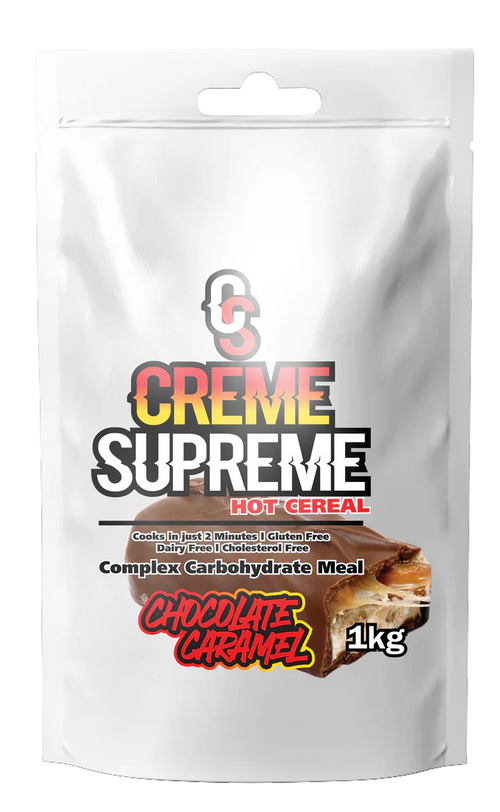 Creme Supreme Hot Cereal package with chocolate caramel flavor on a white background Muscle Mecca 2