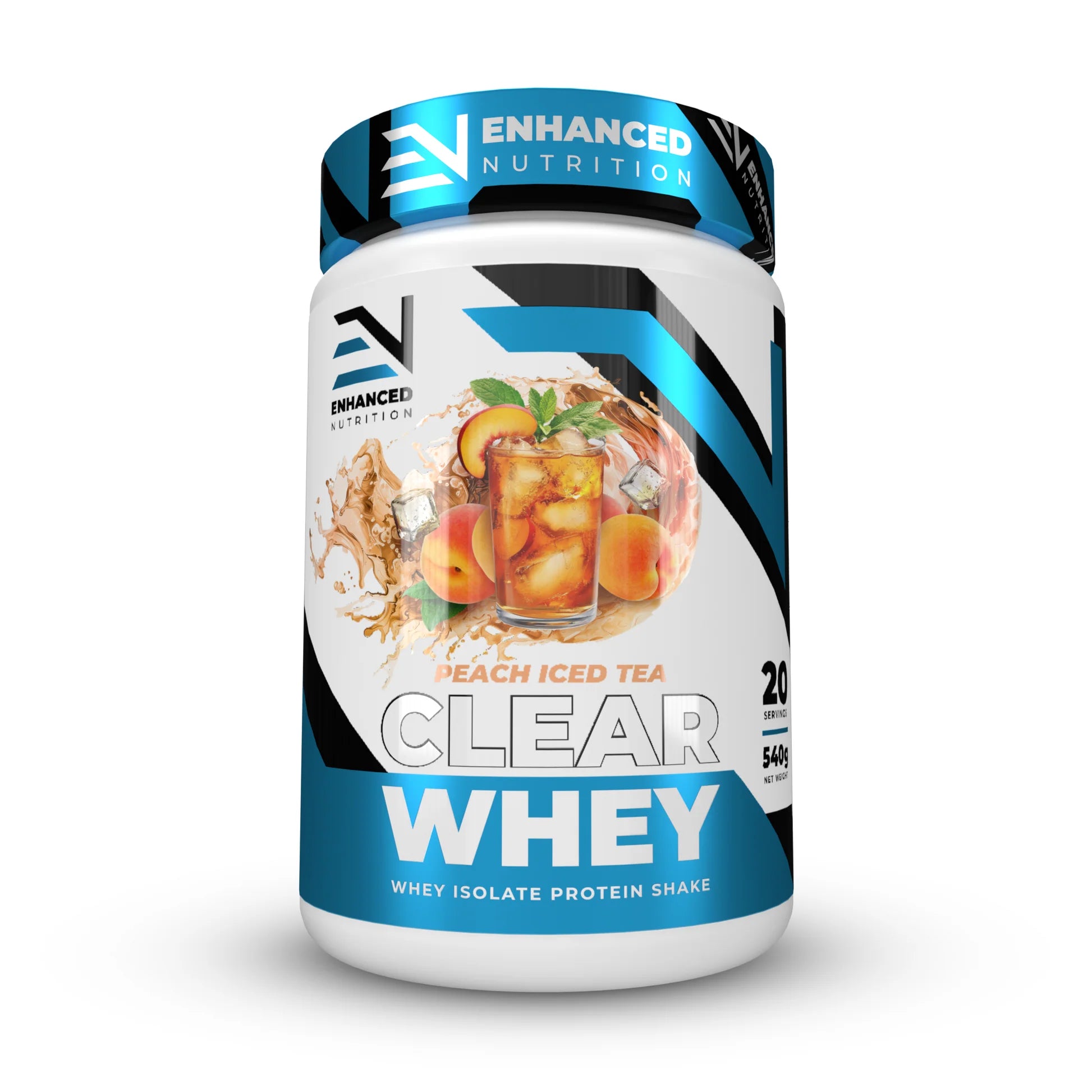 Clear Whey protein supplement container with peach iced tea flavor on a white background