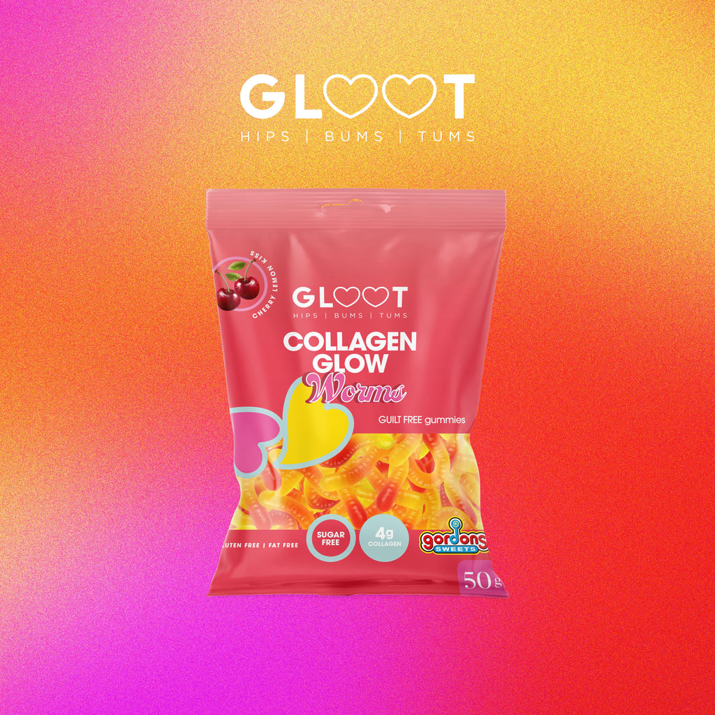 Gloot Collagen Glow Worms package on a colorful gradient background Muscle Mecca