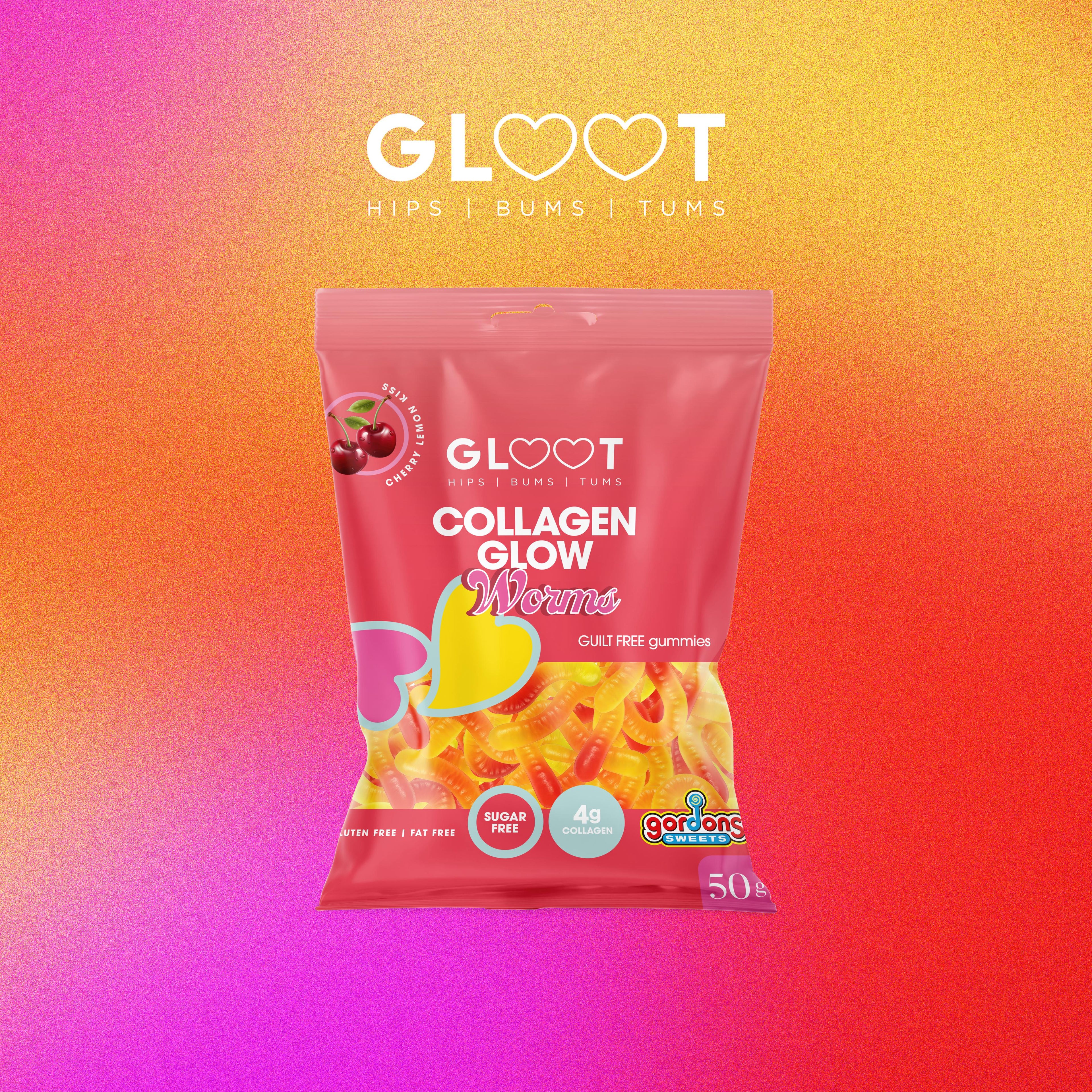 Gloot Collagen Glow Worms package on a colorful gradient background Muscle Mecca