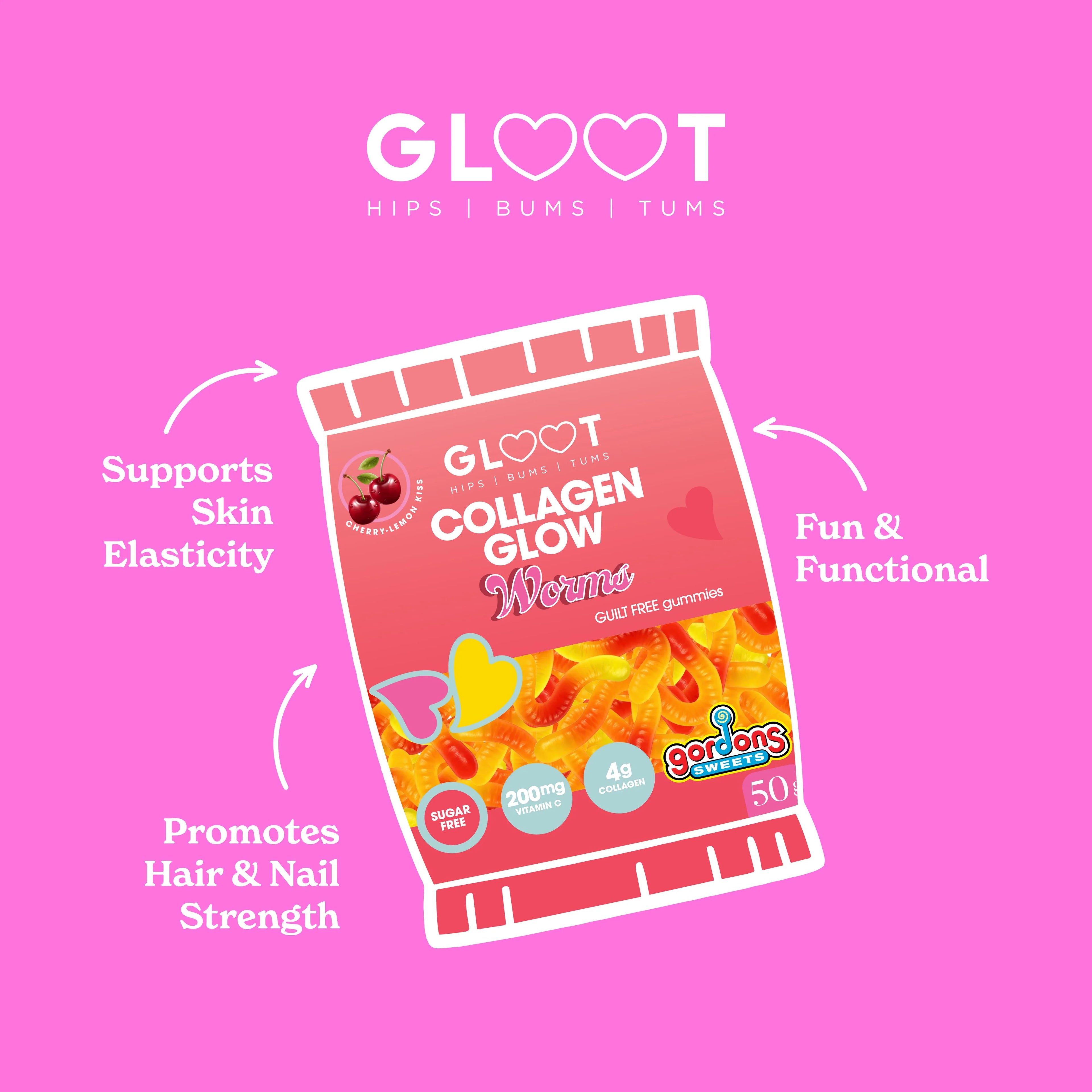 GLOOT Collagen Glow Worms packaging on a pink background with product features highlighted. Muscle Mecca
