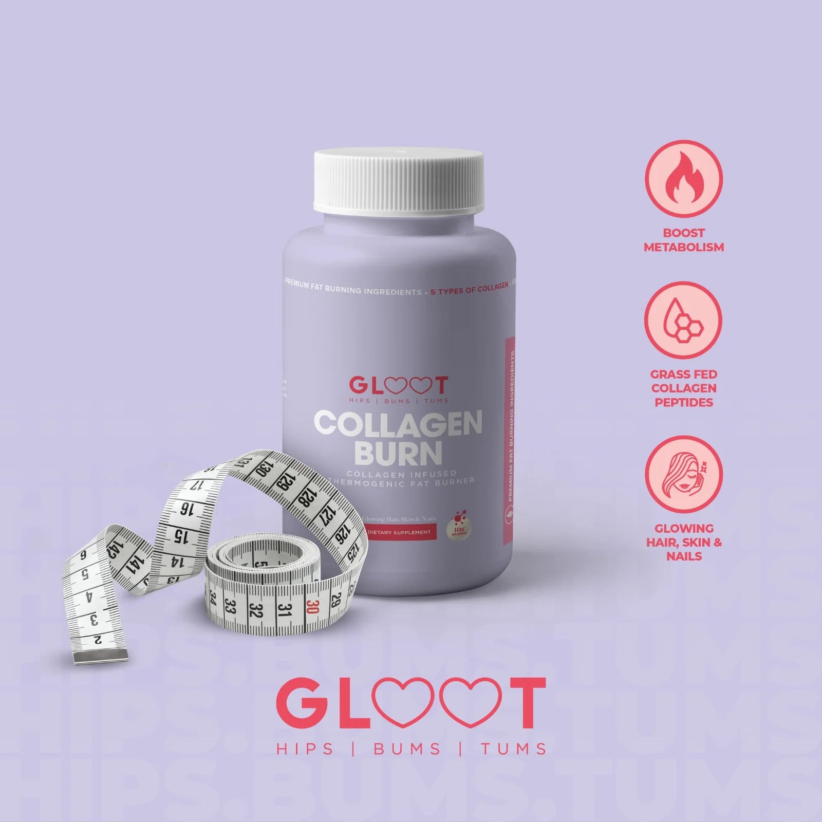 Collagen supplement bottle with measuring tape on a light purple background Muscle Mecca