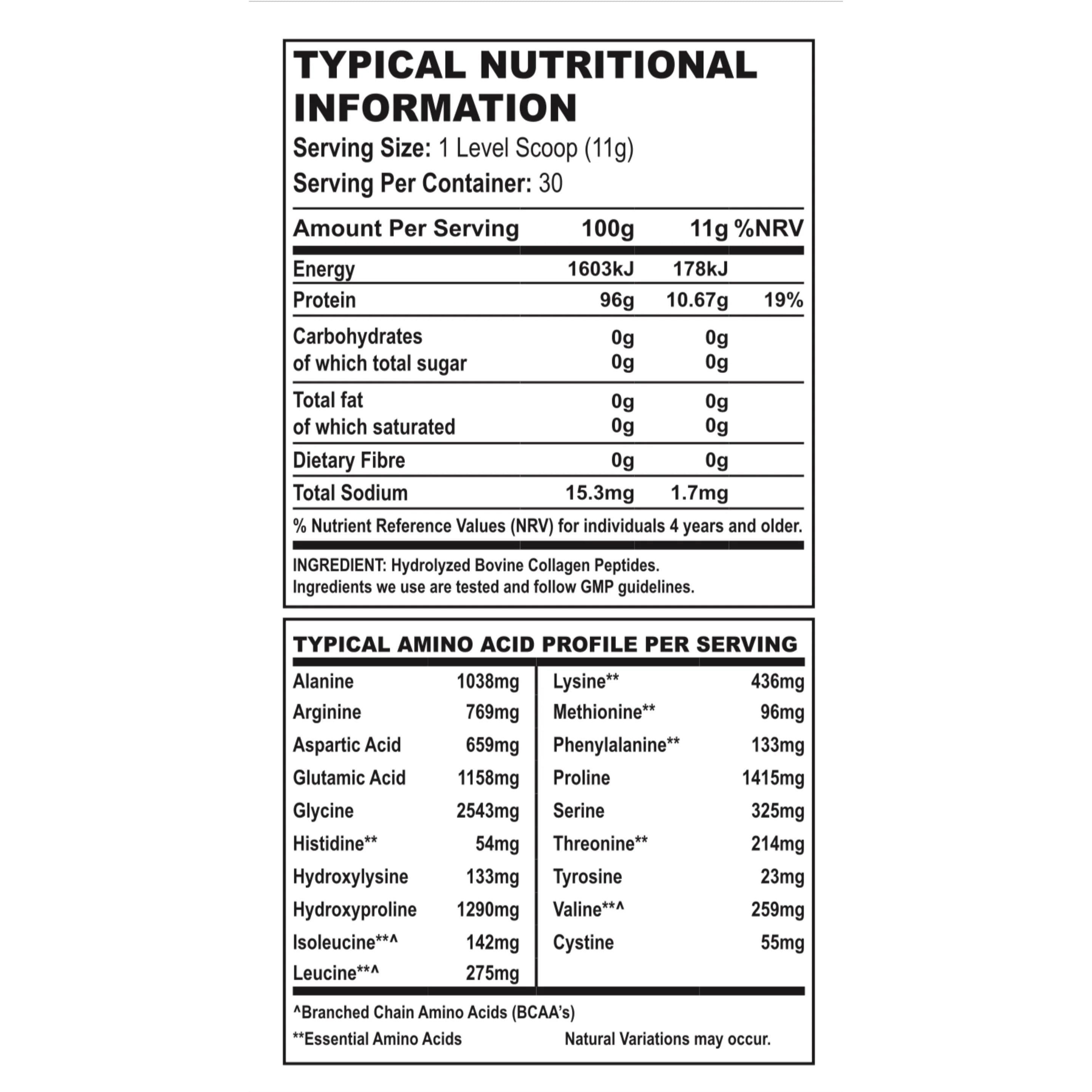 Nutritional information label for a product with serving size, calories, and amino acid profile. Muscle Mecca