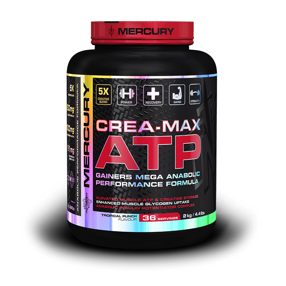 Mercury Crea-Max ATP supplement container on a black background Muscle Mecca