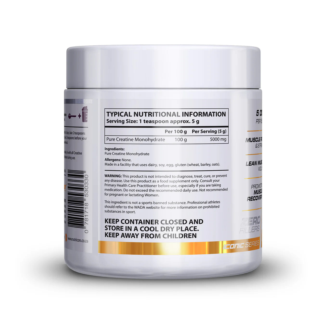 Supplement container with nutritional information label on a white background Muscle Mecca