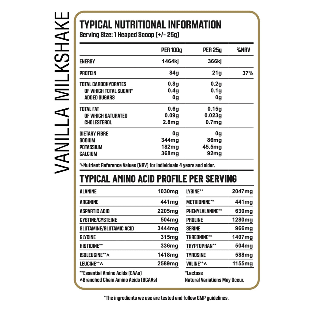 Nutritional information label for a vanilla milkshake with detailed nutritional facts and amino acid profile.