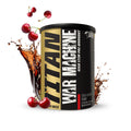 Titan War Machine pre-workout supplement with cherries and cola on a white background Muscle Mecca