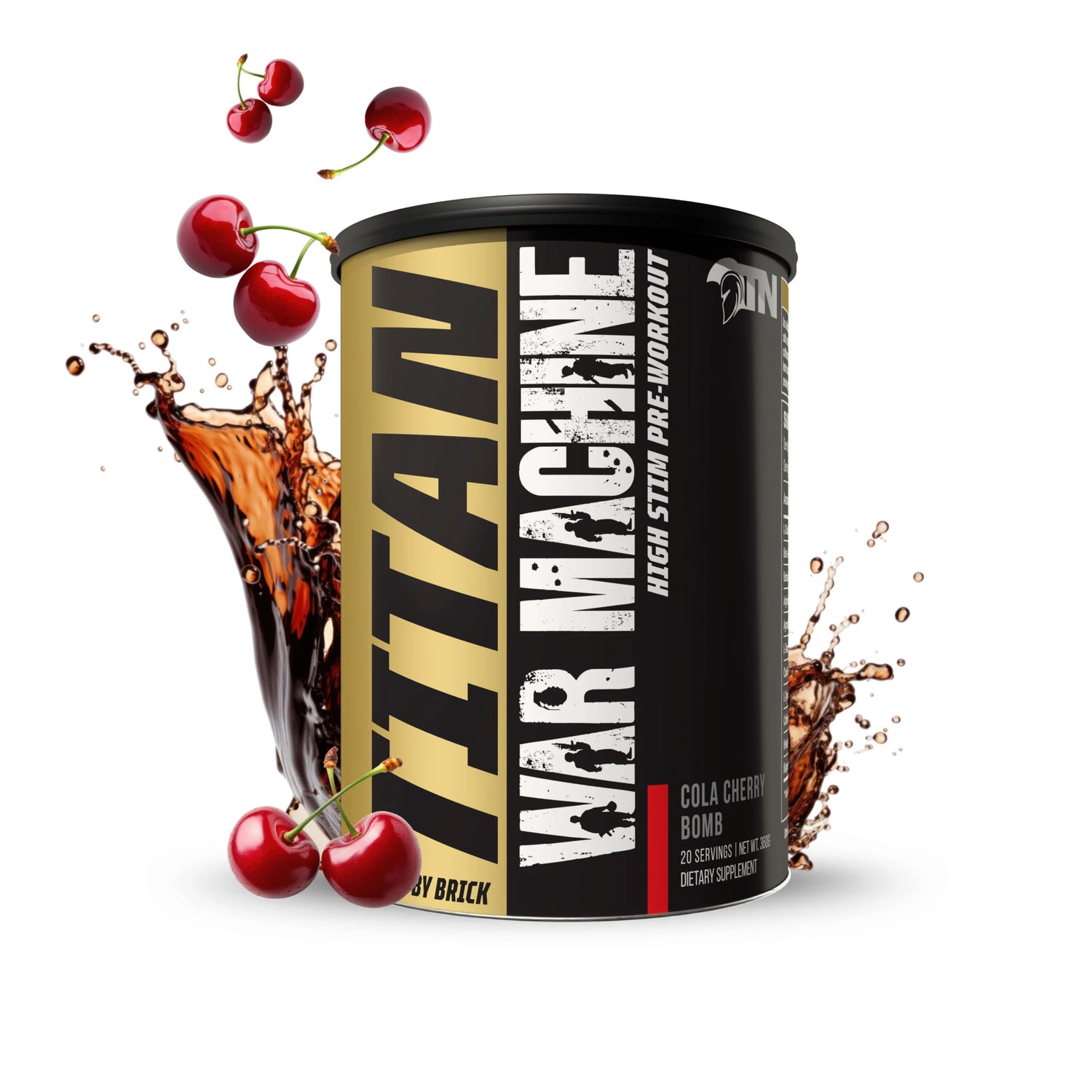 Titan War Machine pre-workout supplement with cherries and cola on a white background Muscle Mecca