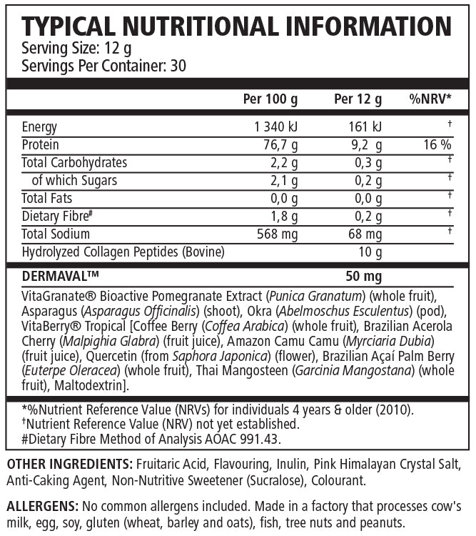Nutritional information label for a product with serving size, servings per container, and detailed nutritional content.