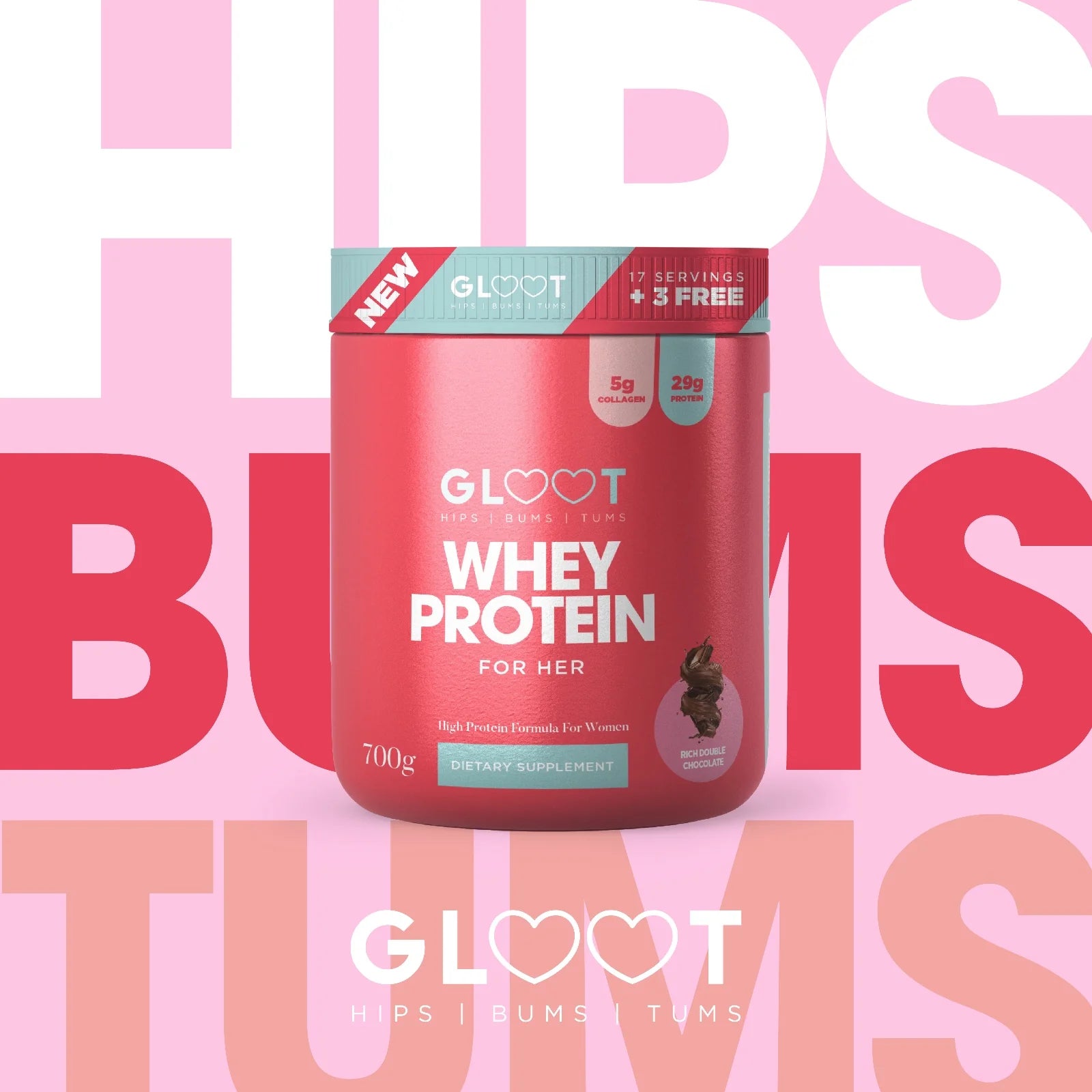 Red protein supplement container with 'Gloot' branding on a pink background with text. Muscle Mecca