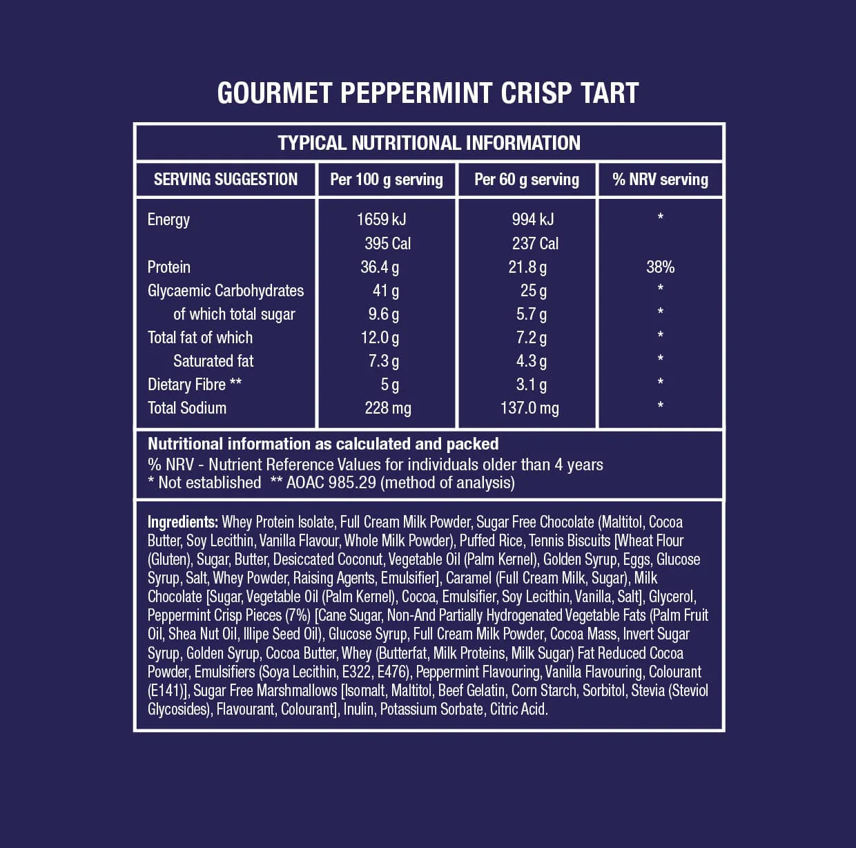 Nutritional information label for Gourmet Peppermint Crisp Tart on a dark blue background Muscle Mecca