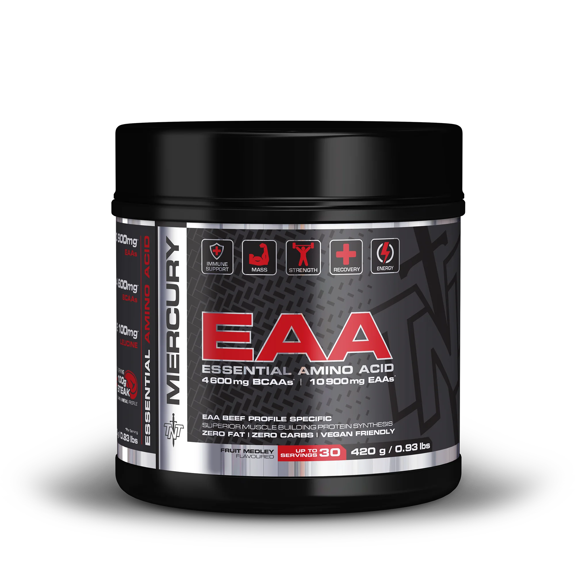 Black container of Mercury EAA Essential Amino Acids on a white background Muscle Mecca