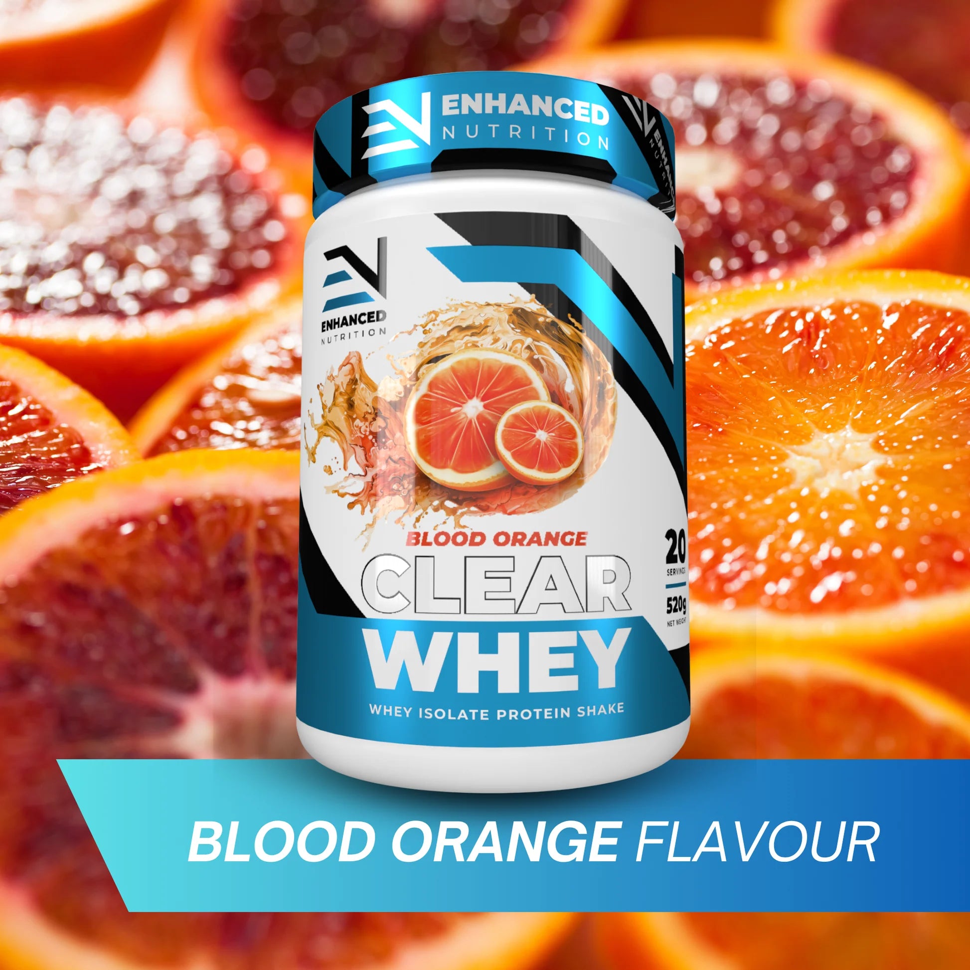 Enhanced Nutrition Clear Whey protein supplement with blood orange flavor on a background of blood oranges.