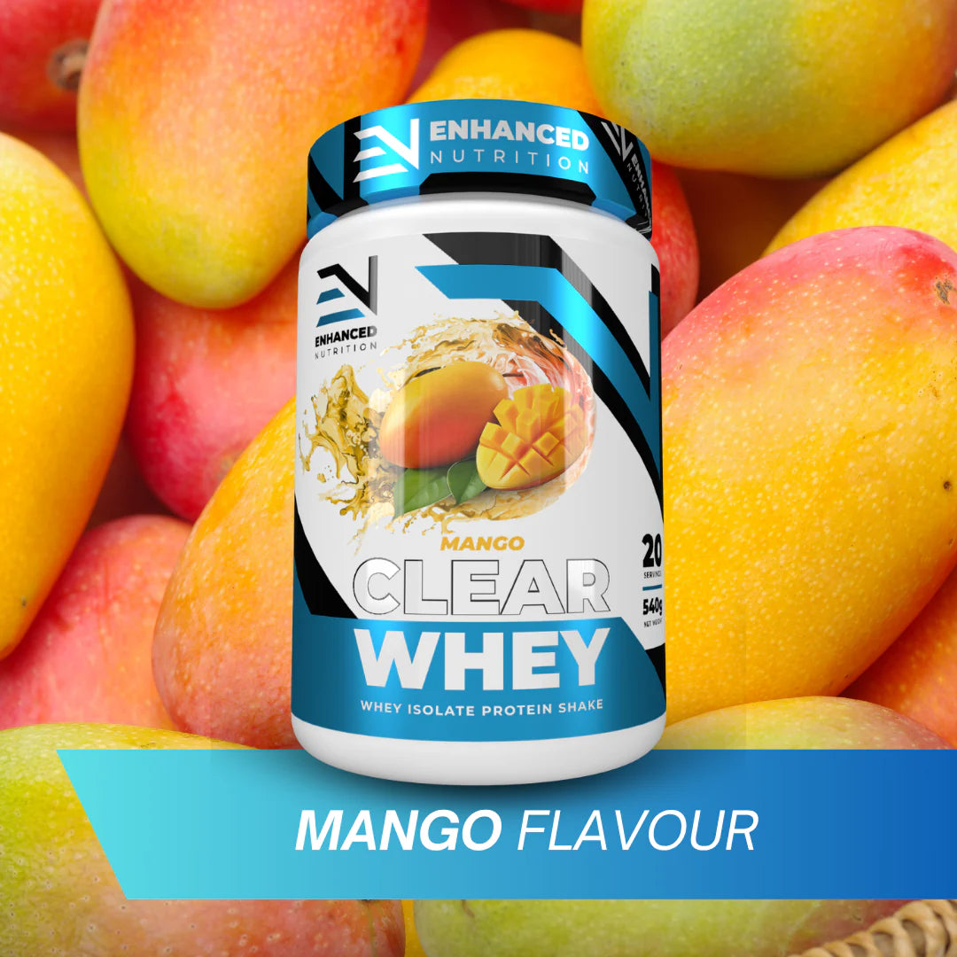 Enhanced Nutrition Clear Whey protein shake container with mango flavor on a background of mangoes.